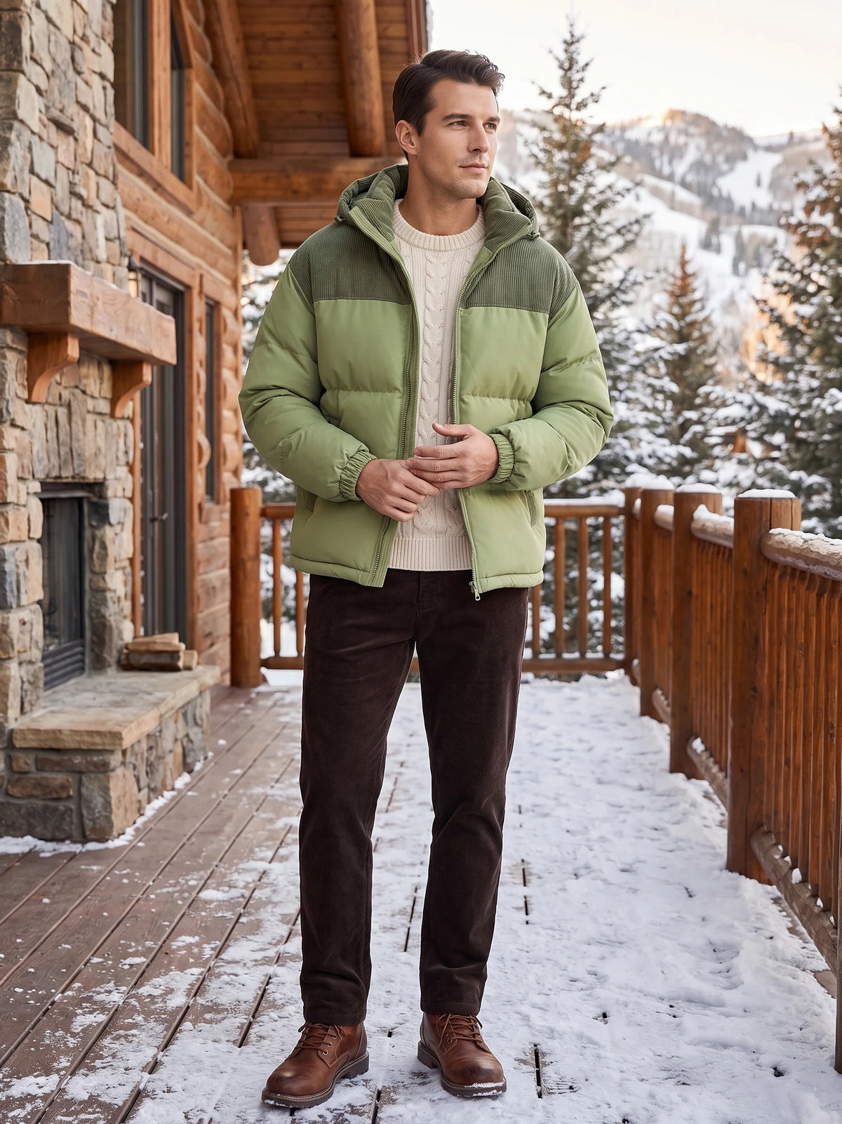 Man wearing a Green Padded Puffer Jacket with a hood on a snow-covered cabin deck.