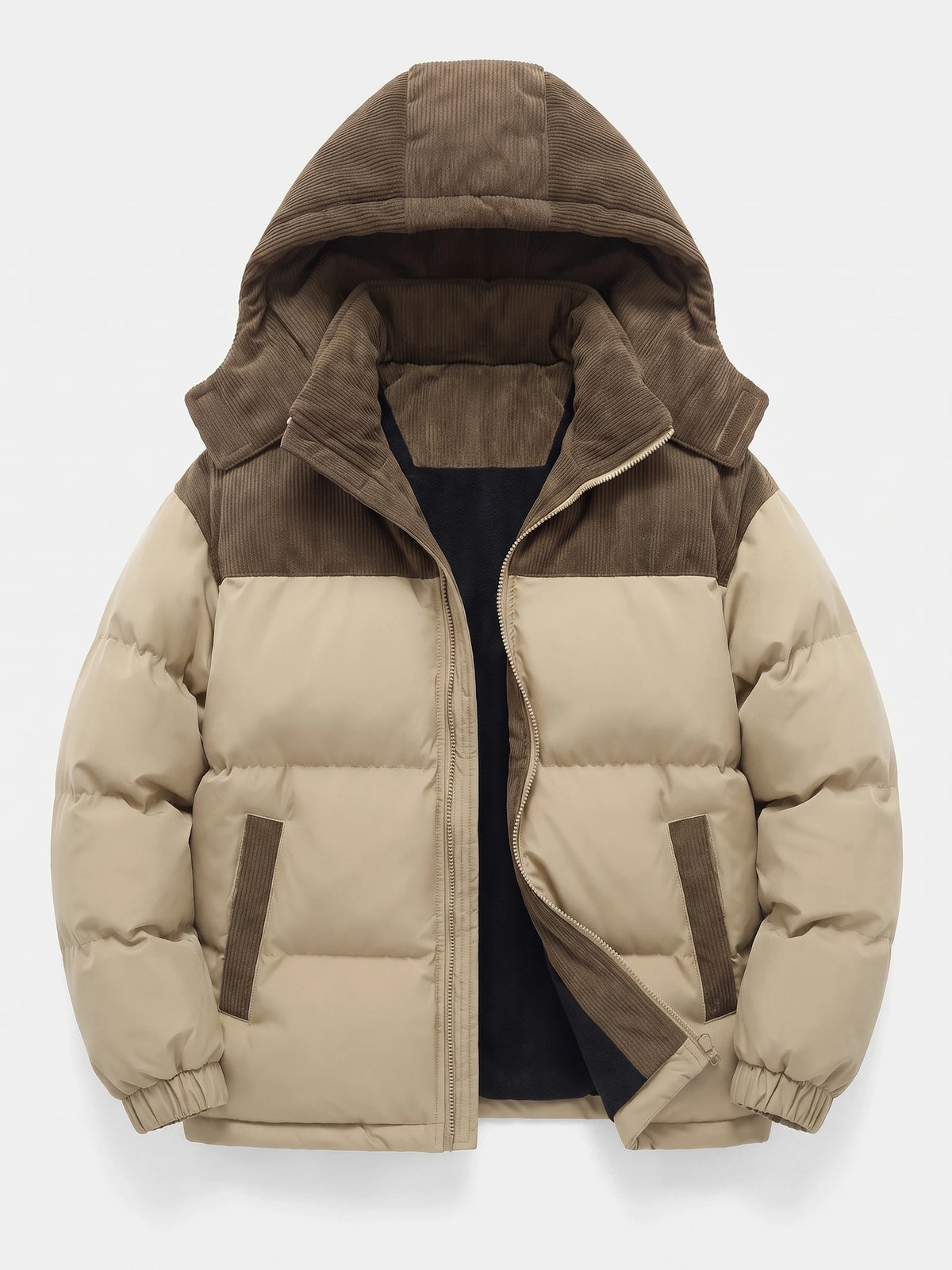 Khaki padded puffer jacket laid flat with an open zip front, hood, ribbed panels, and fleece-lined interior.