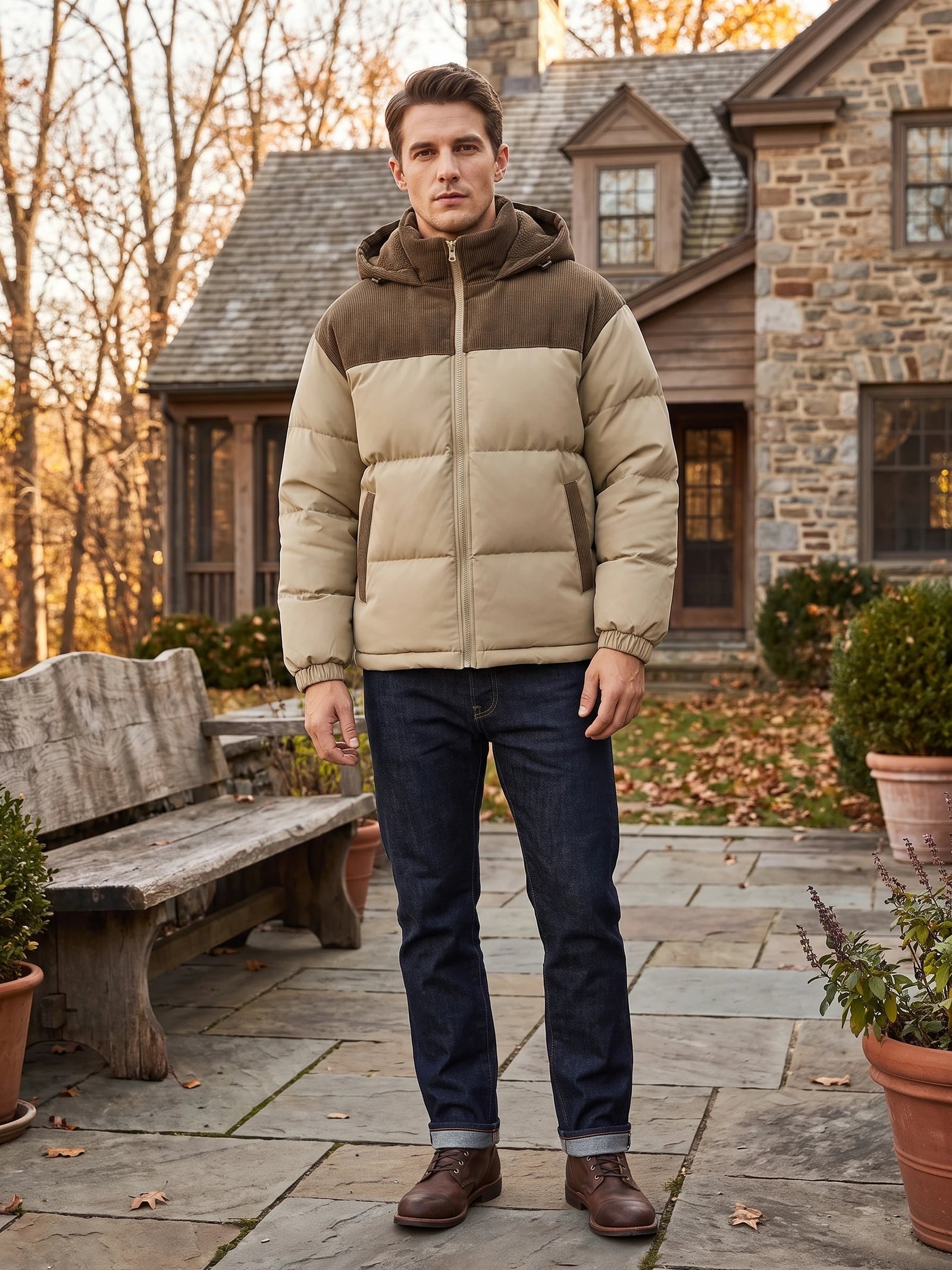 Man wearing a Khaki padded puffer jacket with a hood on a stone patio outside a home.