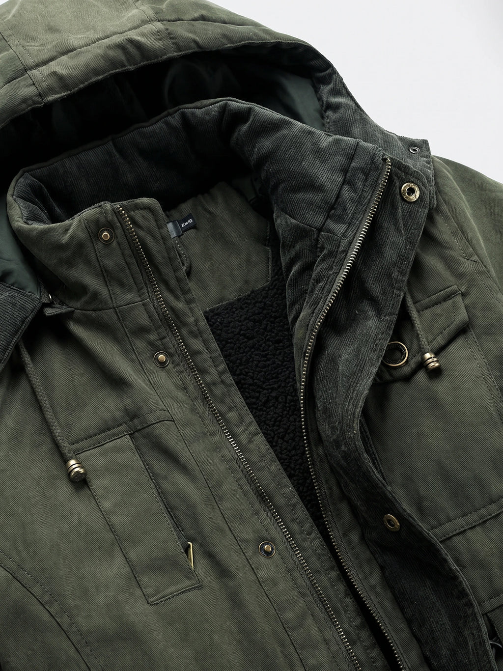Dark Green men’s Parkas detail showing the zip-and-snap front, ribbed inner collar, and fleece lining.