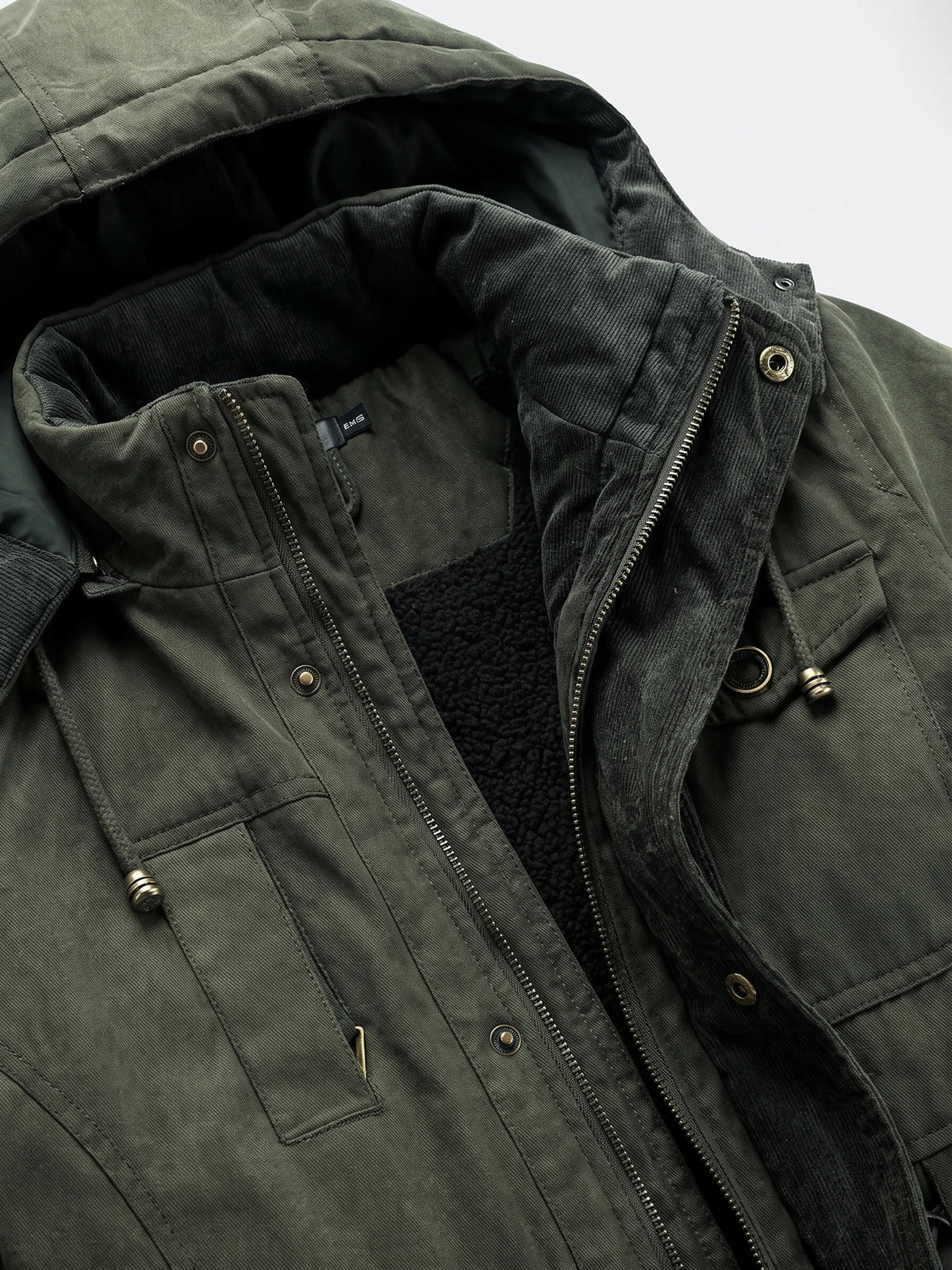 Dark Green men’s Parkas detail showing the zip-and-snap front, ribbed inner collar, and fleece lining.