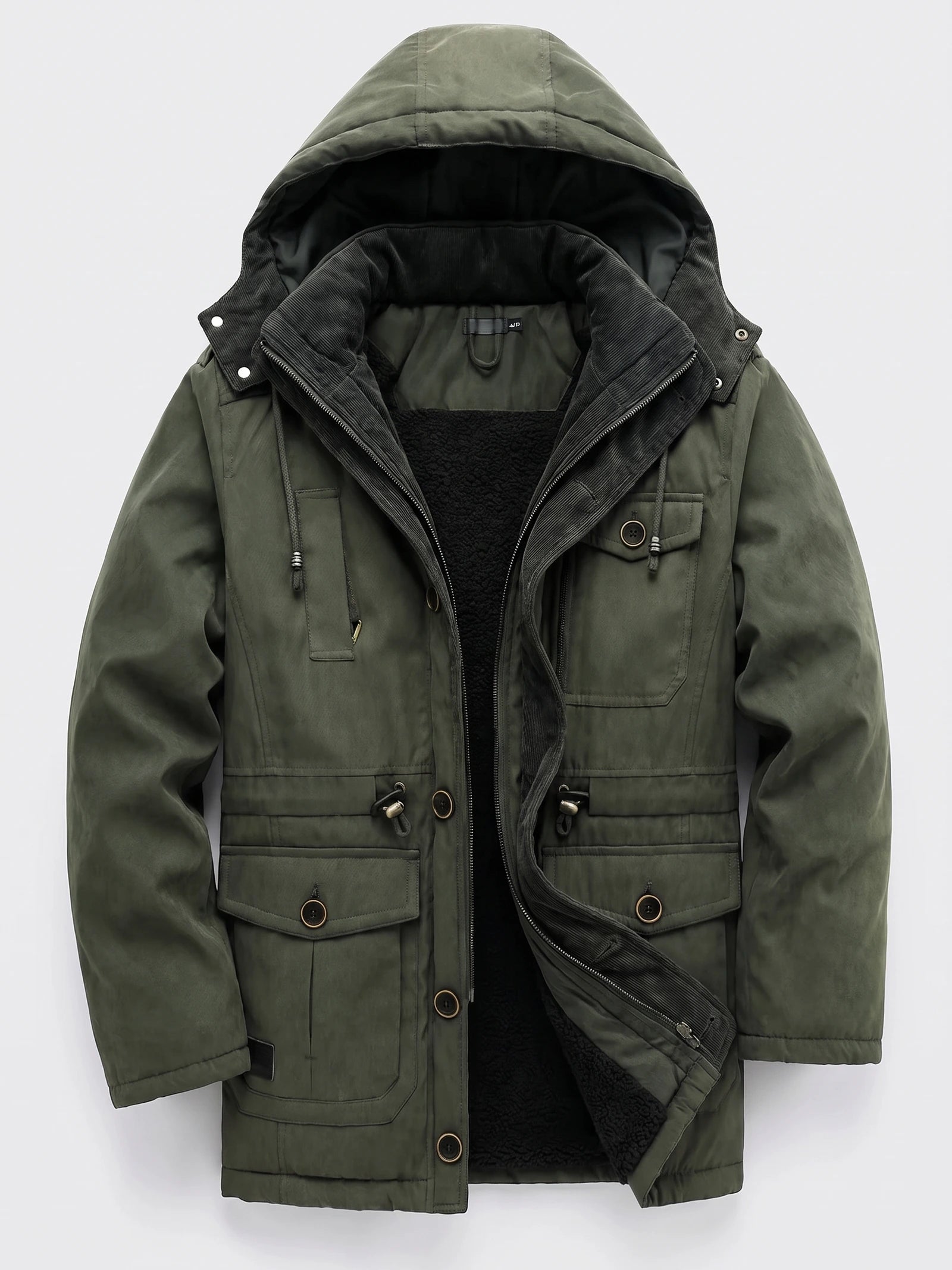 Dark Green men’s Parkas jacket laid flat with a hood, zip-front storm flap, fleece lining, and flap pockets.