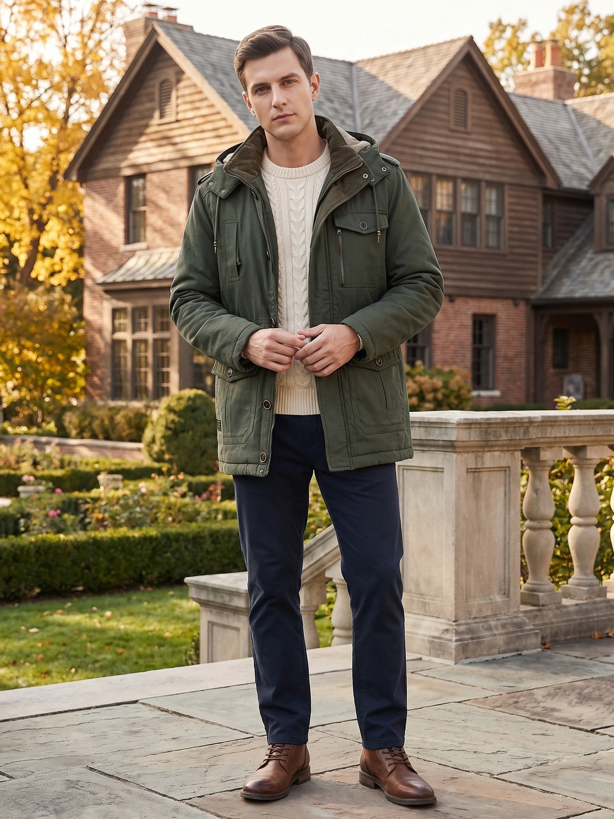 Model wearing a Dark Green men’s Parkas jacket with a hood and multiple pockets outside a house.