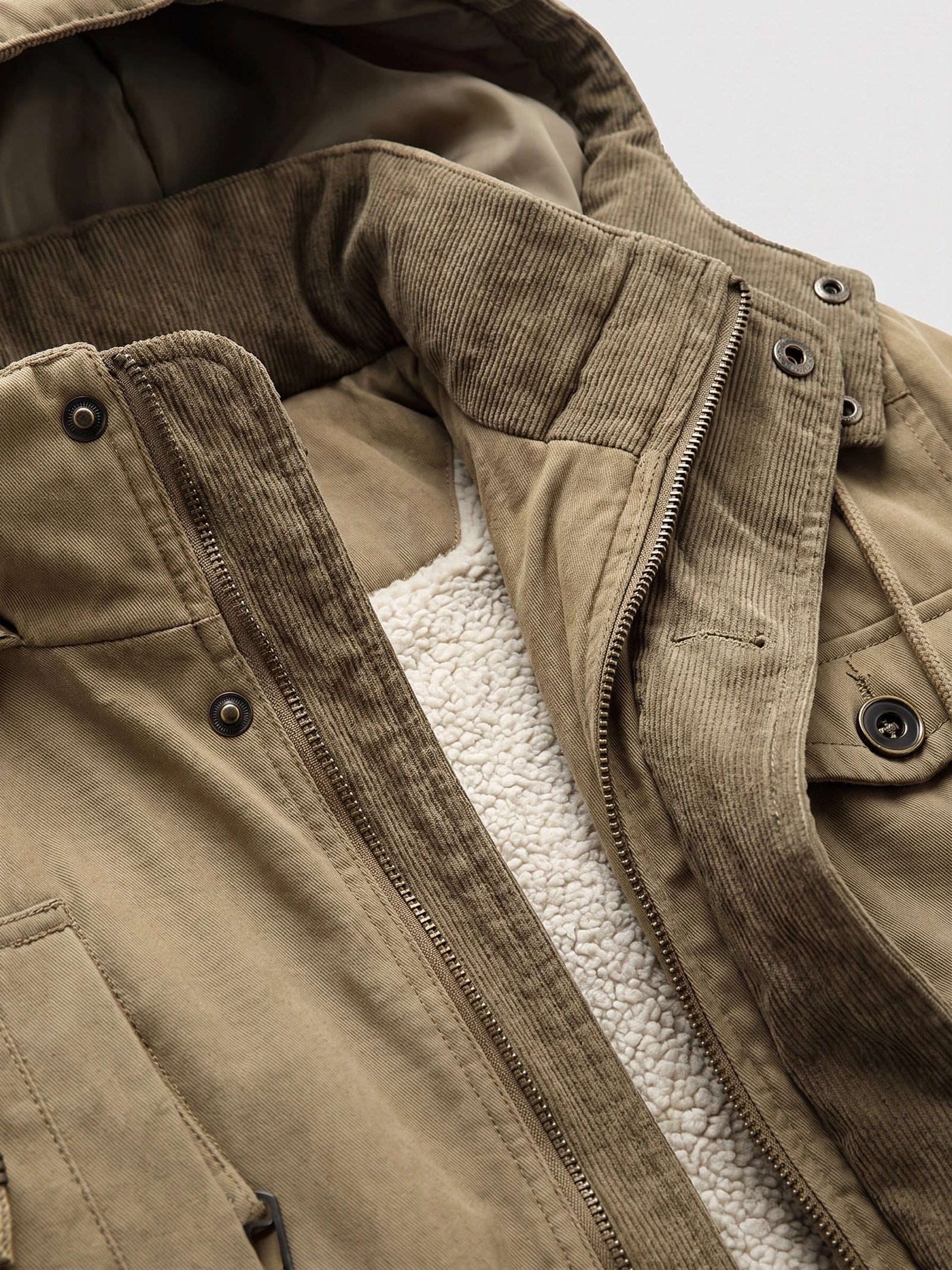 Khaki men’s Parkas jacket detail showing a ribbed collar, zip-and-snap front closure, and fleece lining.