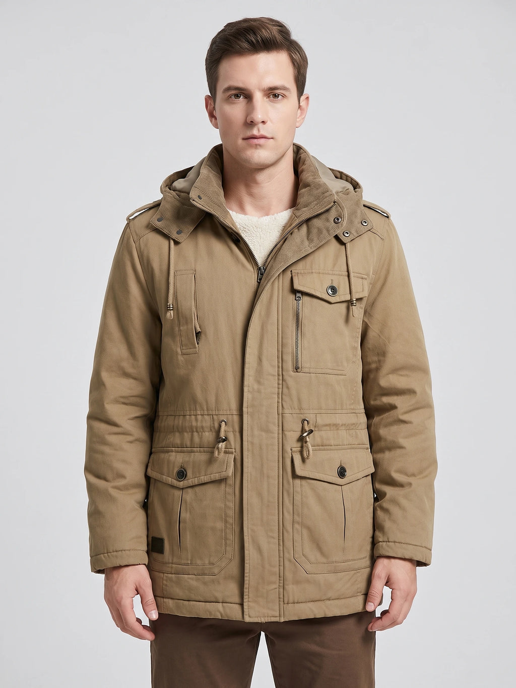 Front studio view of a model wearing a Khaki men's Parkas jacket with a hood, fleece-lined collar, zip front, and flap pockets.
