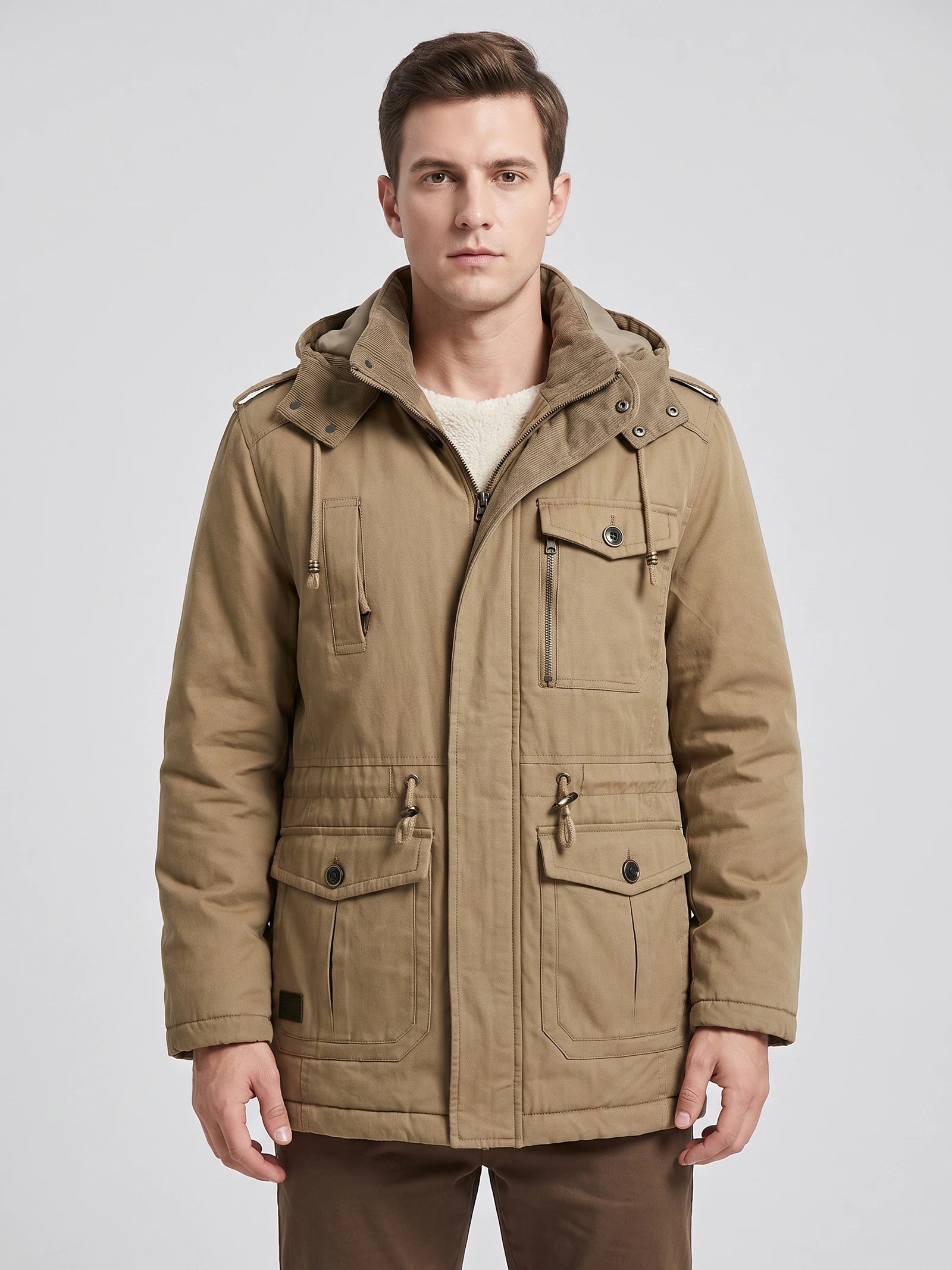Front studio view of a model wearing a Khaki men's Parkas jacket with a hood, fleece-lined collar, zip front, and flap pockets.