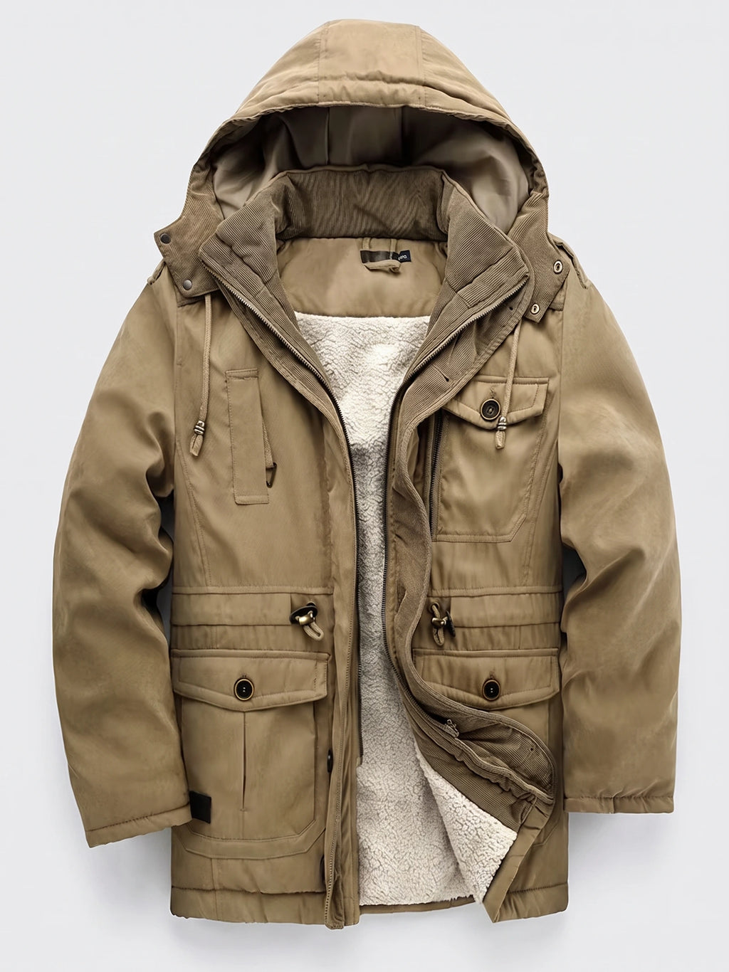 Khaki men’s Parkas jacket laid flat with a hood, zip front, fleece lining, and buttoned flap pockets.