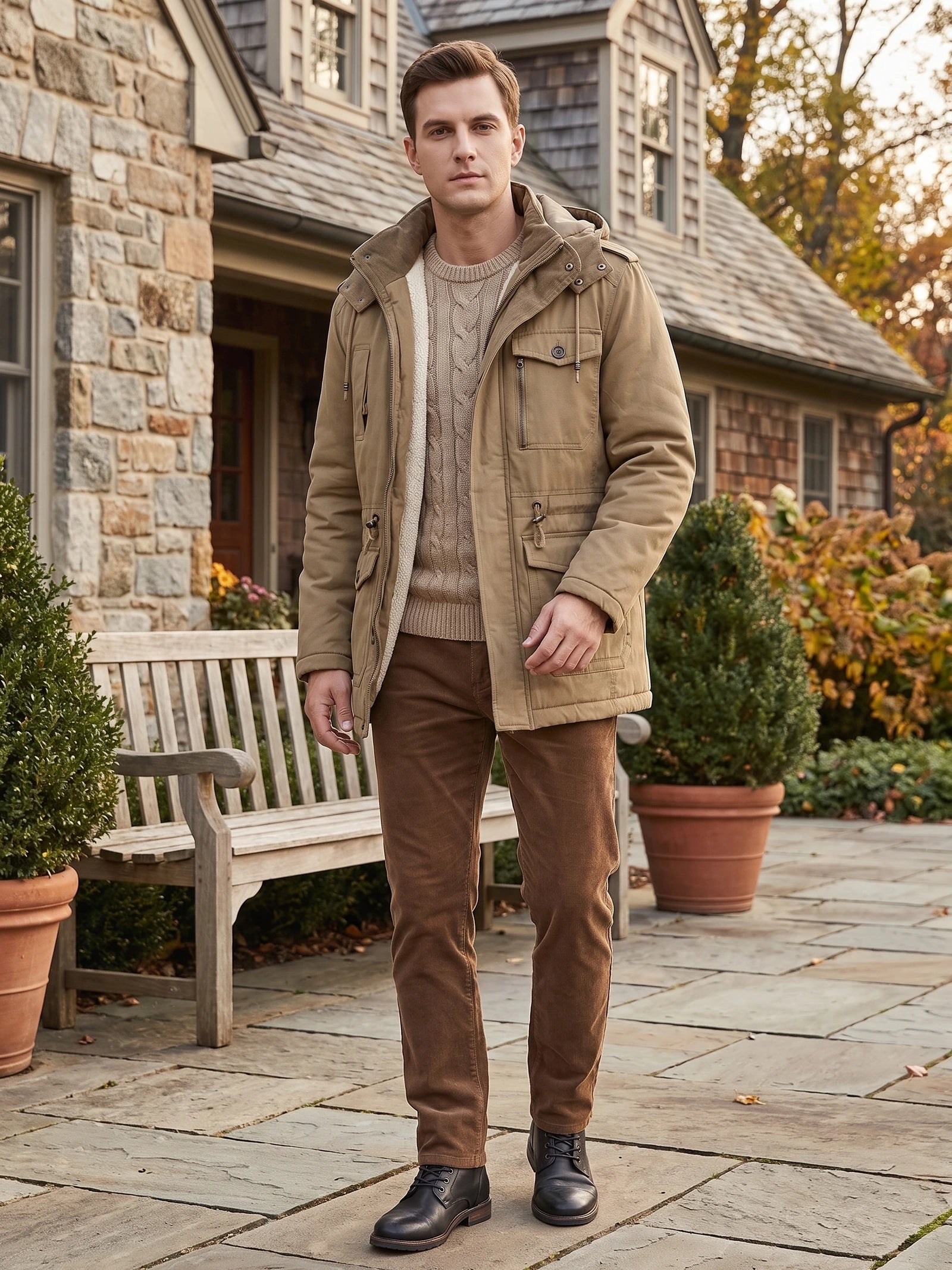 Man wearing a Khaki hooded Parkas jacket with multiple pockets while standing on a stone patio outside a house.