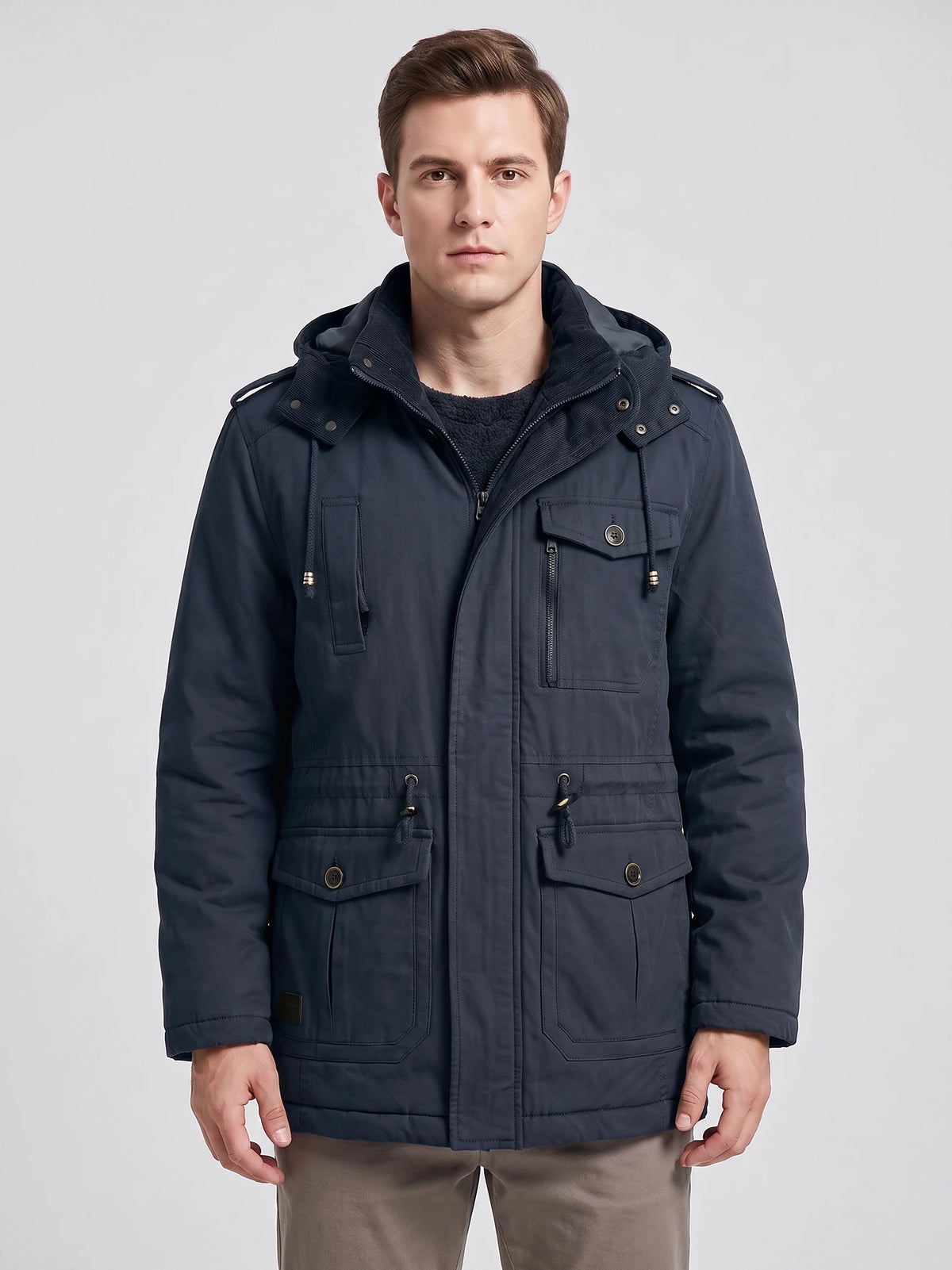 Front studio view of a model wearing a Navy men’s Parkas jacket with a hood, zip front, and flap pockets.