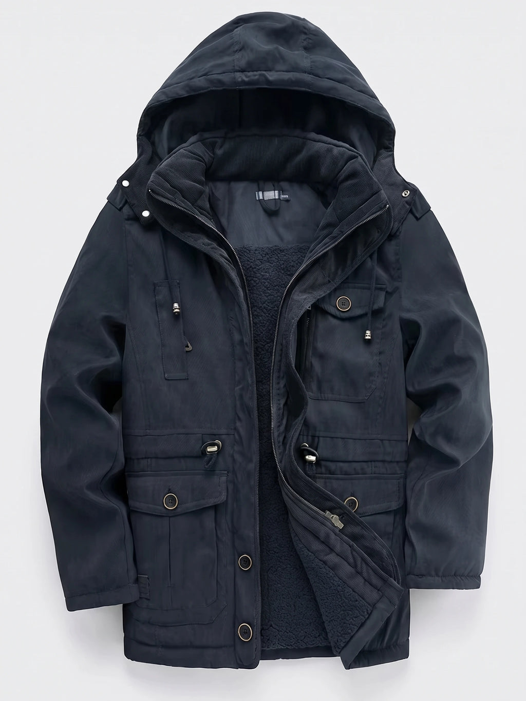 Navy men's Parkas jacket laid flat with a hood, open zip front, fleece lining and flap pockets.
