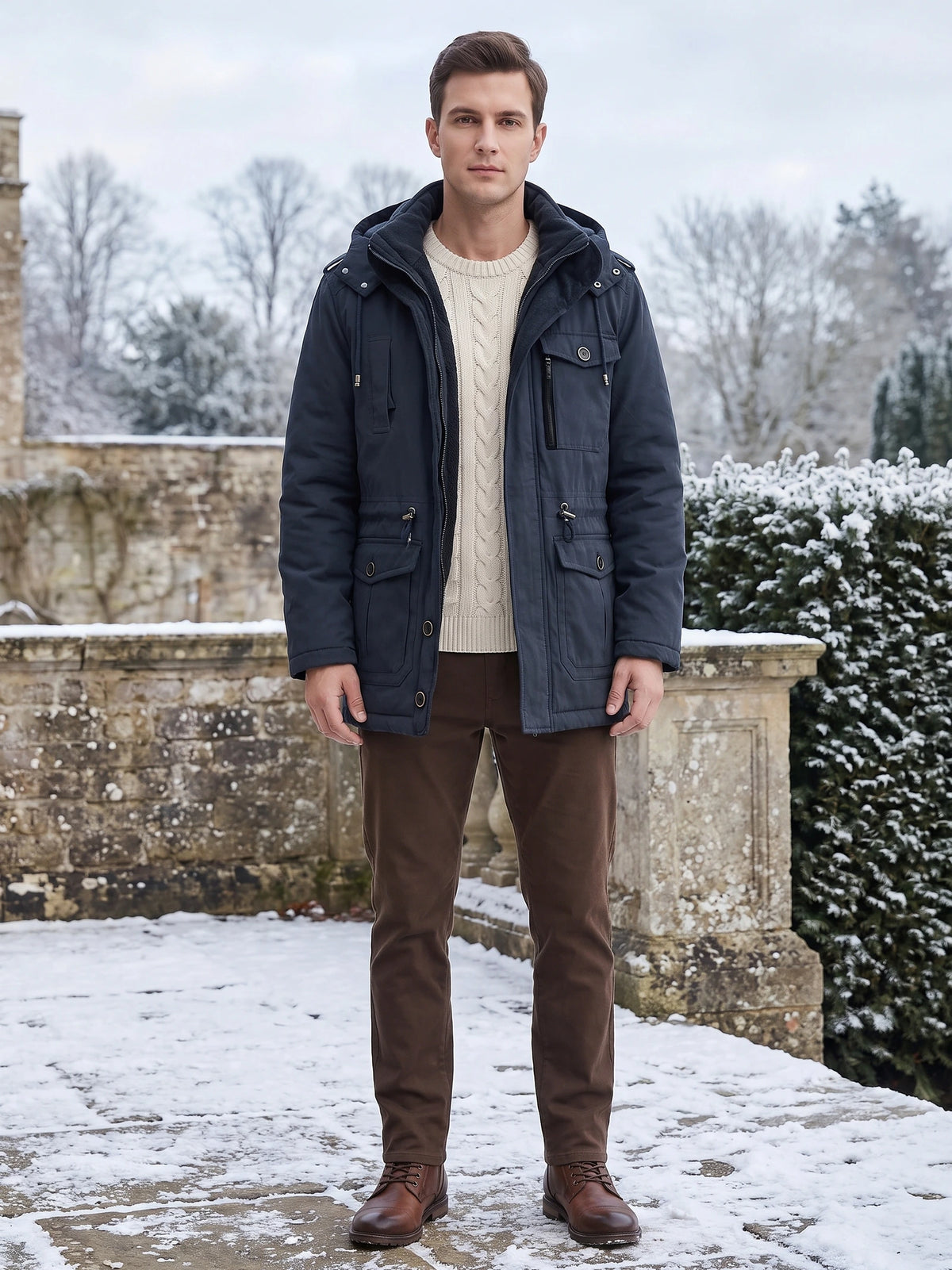 Model wearing a Navy Parkas jacket with a hood and flap pockets in a snowy outdoor setting.