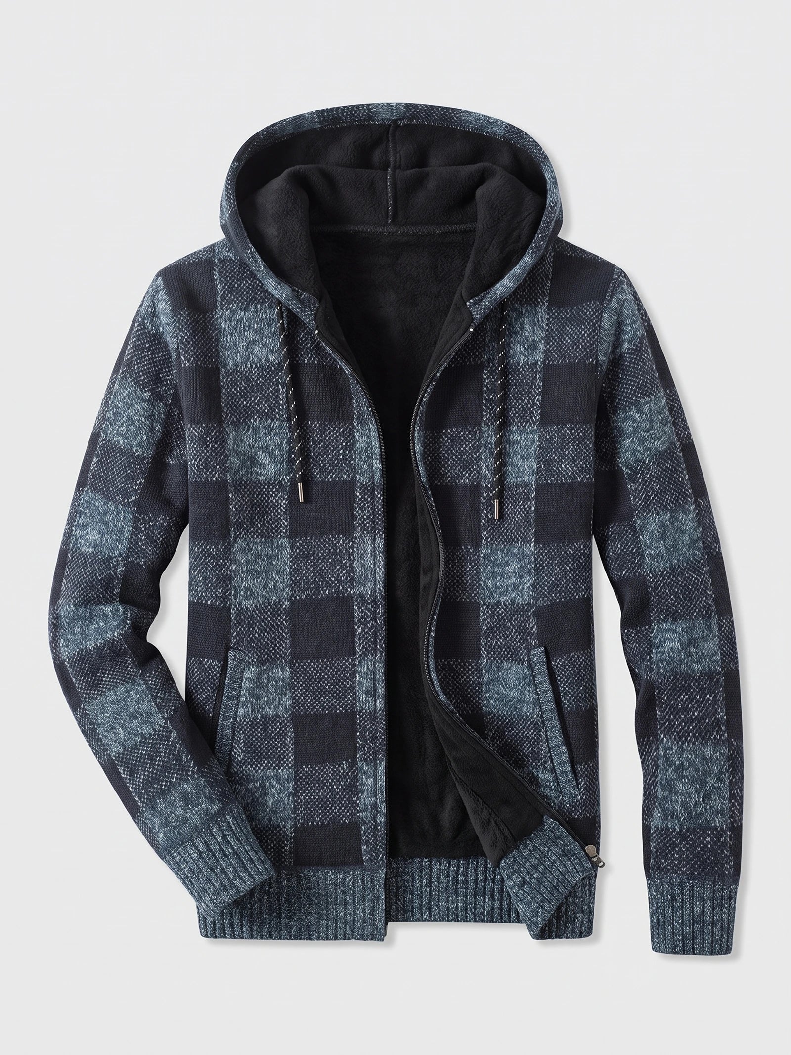 Blue Plaid Flannel hooded jacket laid flat, showing the fleece lining, front zipper, drawstrings, and ribbed cuffs and hem.