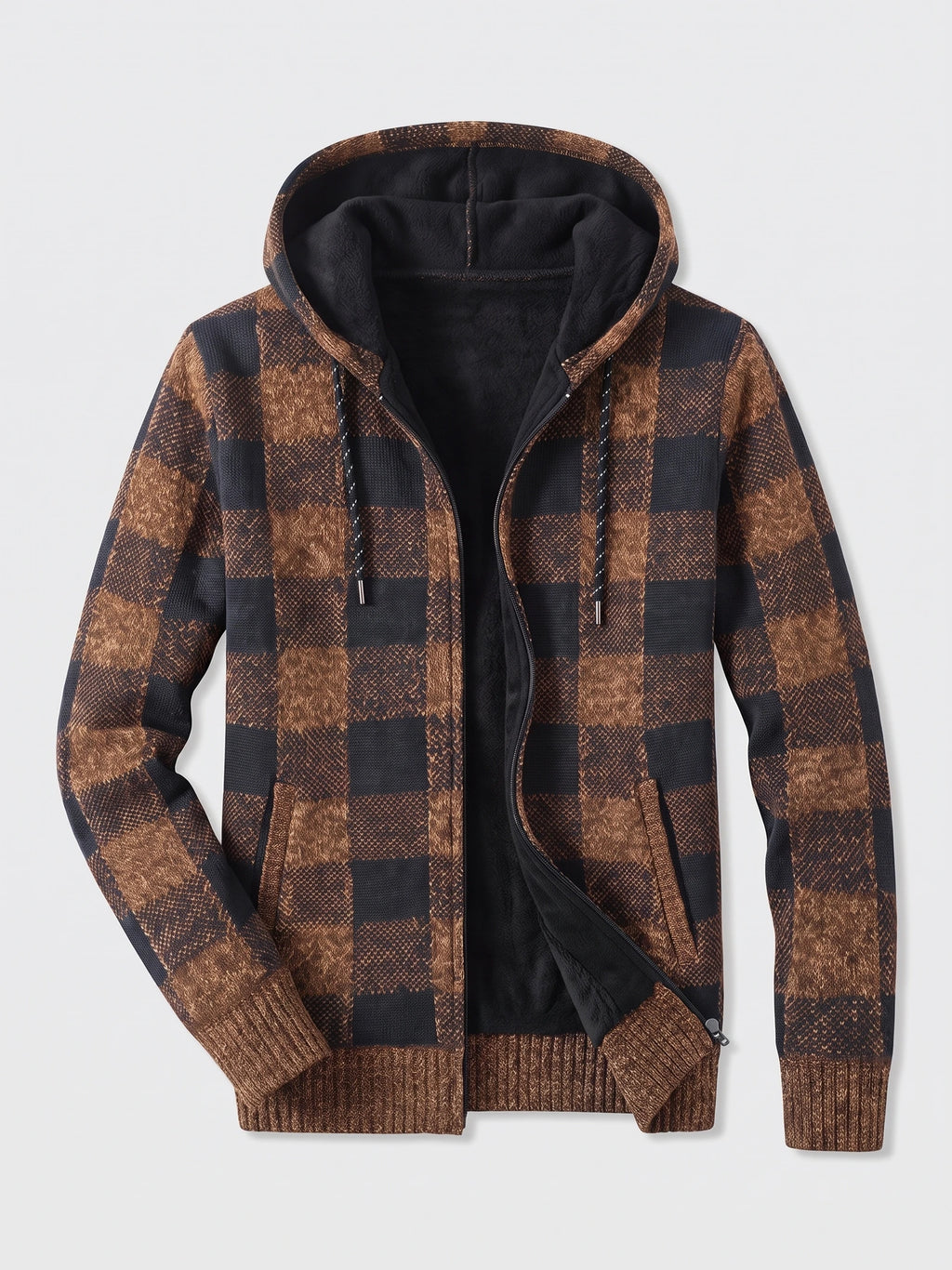 Brown Plaid Flannel men’s hooded jacket laid flat with a front zipper, fleece lining, drawstrings, and ribbed cuffs and hem.