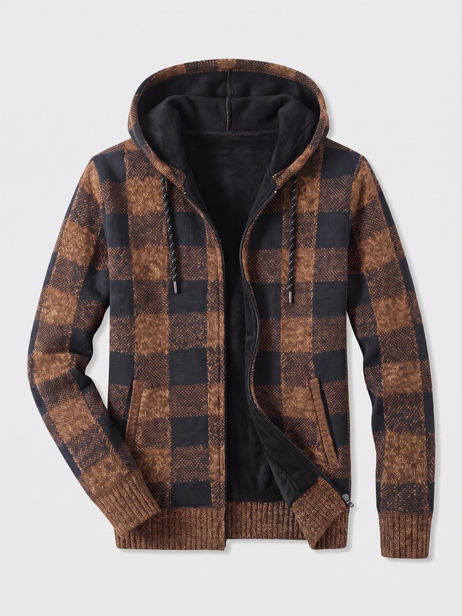 Brown Plaid Flannel men’s hooded jacket laid flat with a front zipper, fleece lining, drawstrings, and ribbed cuffs and hem.