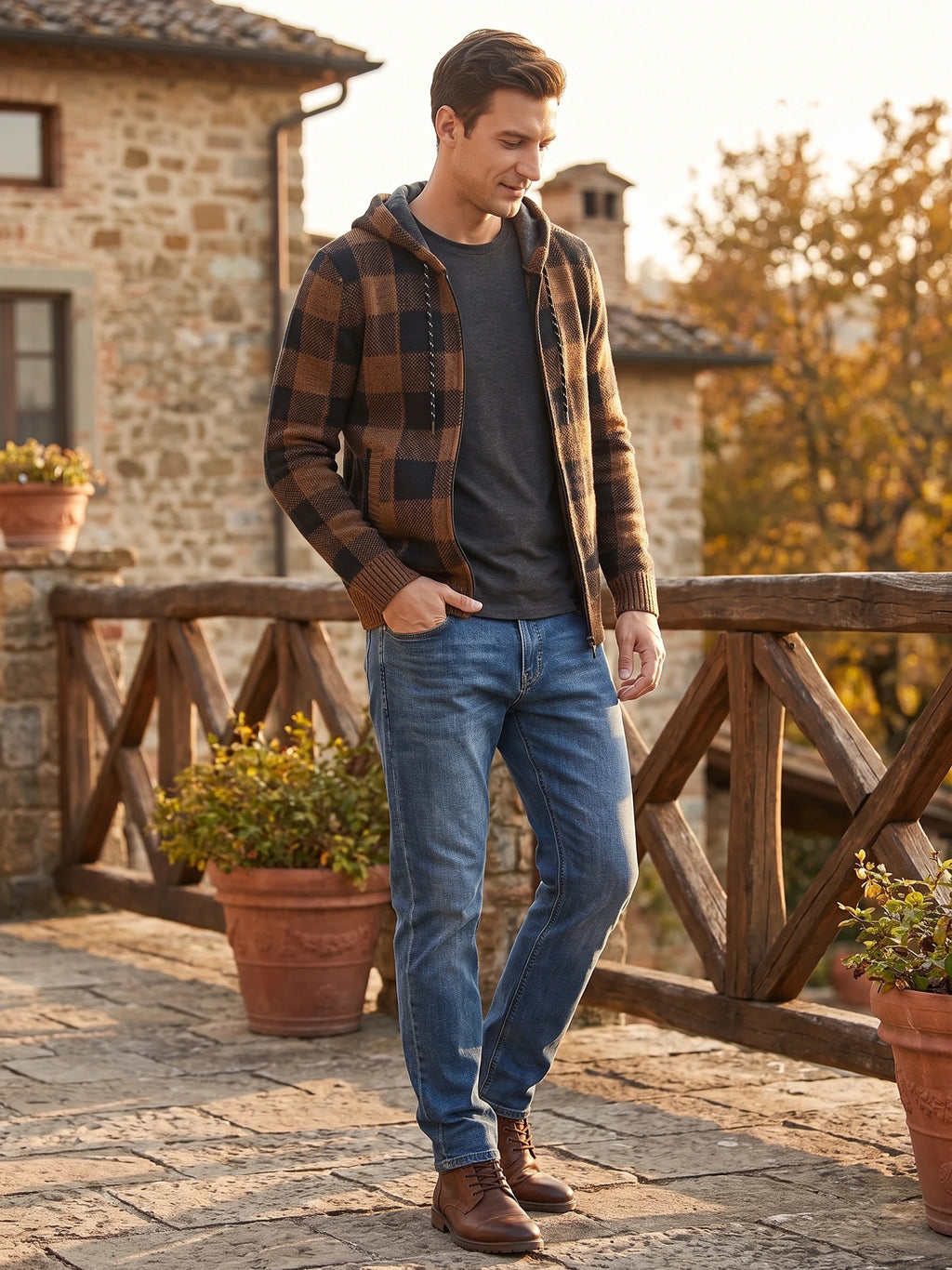 Man wearing a Brown Plaid Flannel hooded jacket on a sunlit stone patio beside a rustic house.