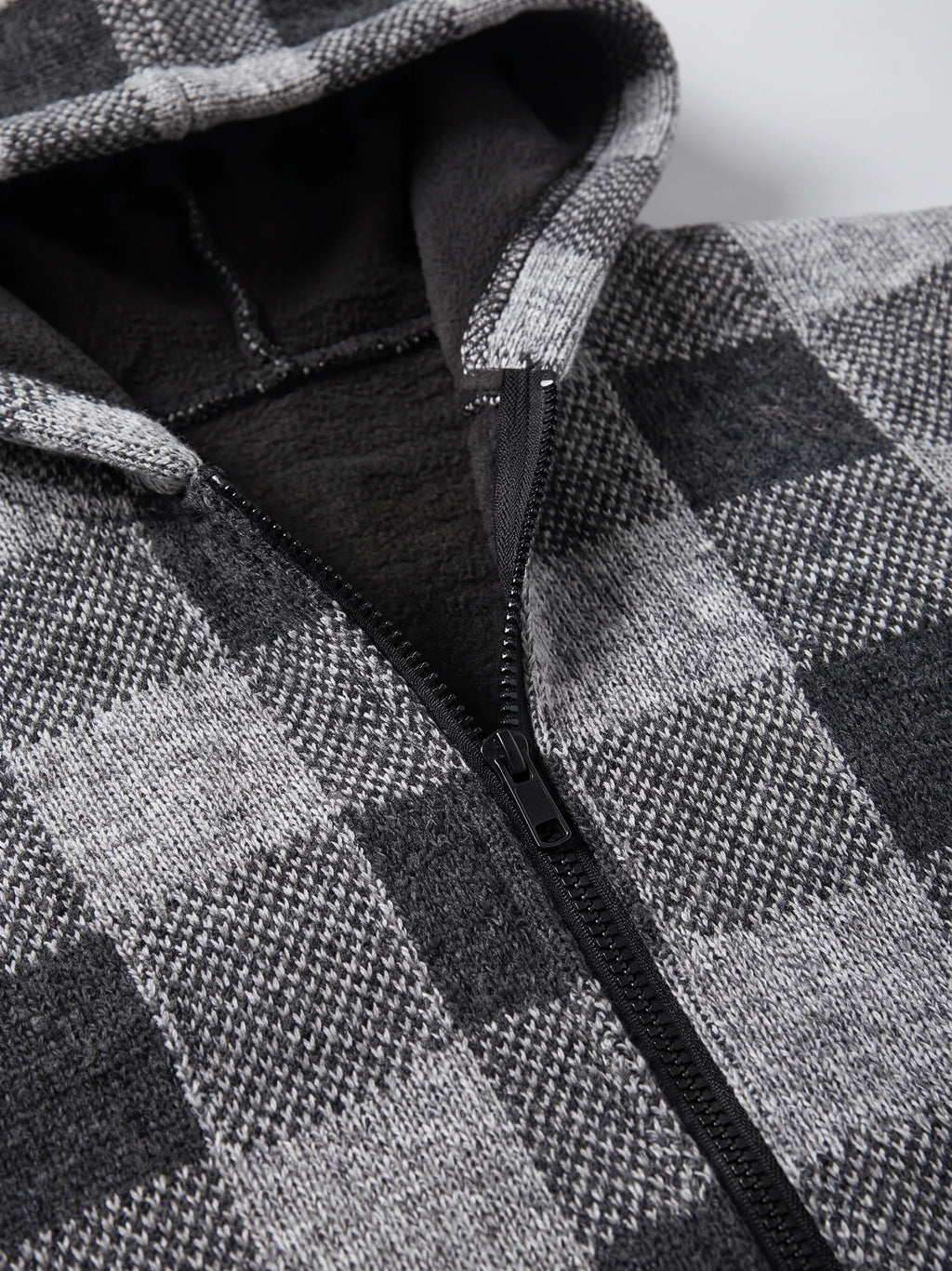 Close-up of the Gray Plaid Flannel men's jacket showing the fleece-lined collar and front zipper.