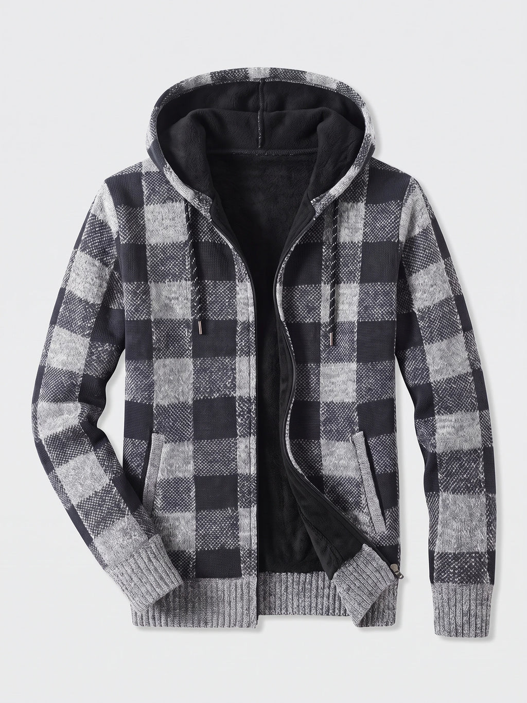 Gray plaid flannel men's hooded jacket laid flat, showing fleece lining, front zipper, and ribbed cuffs and hem.