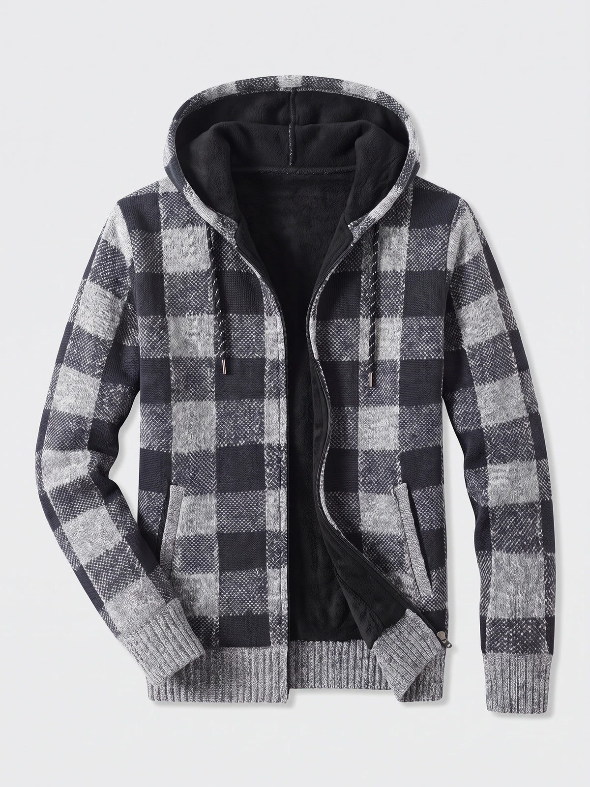 Gray plaid flannel men's hooded jacket laid flat, showing fleece lining, front zipper, and ribbed cuffs and hem.