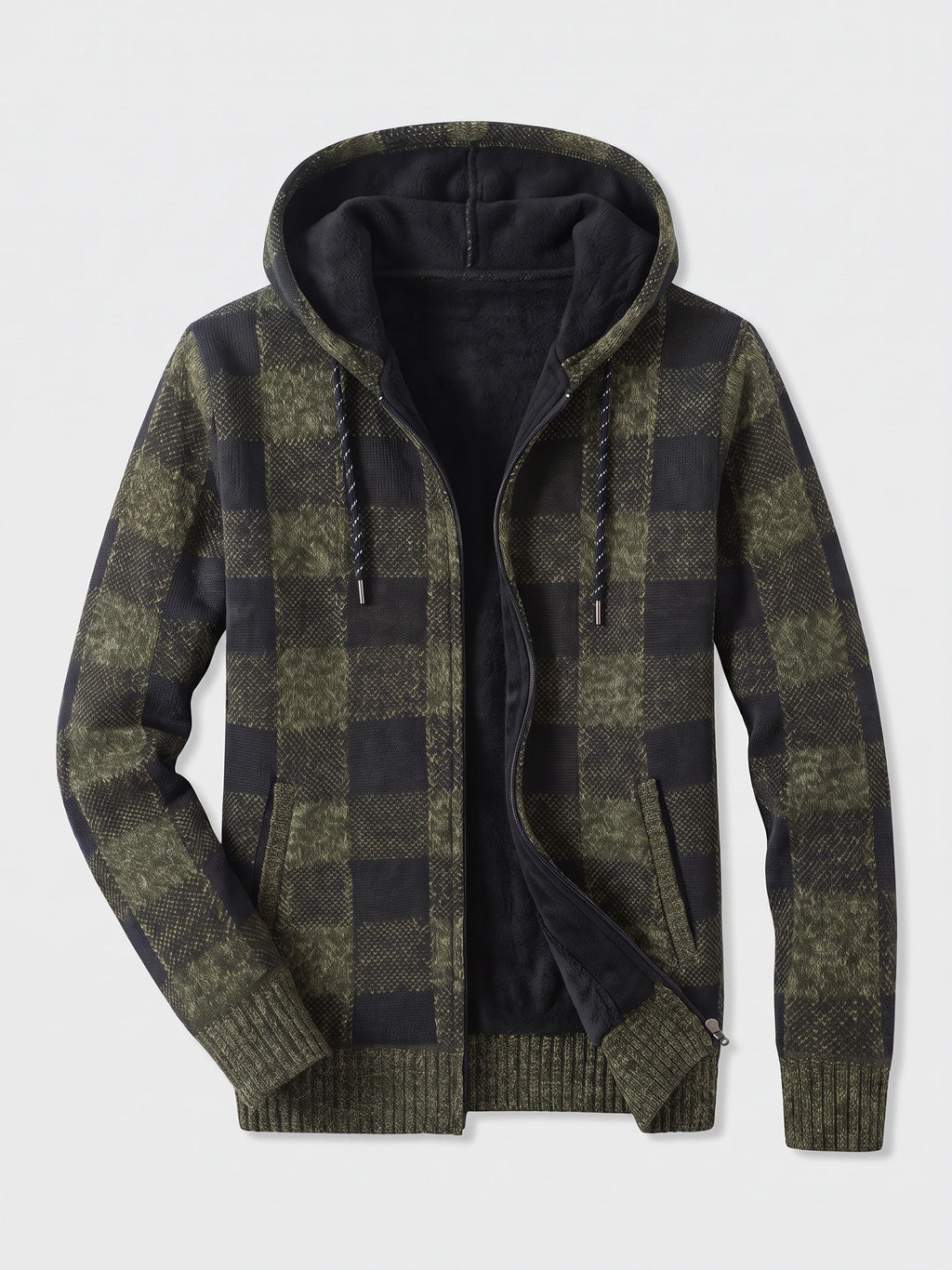 Green Plaid Flannel men's hooded jacket laid flat, featuring fleece lining, a front zipper, drawstrings, and ribbed cuffs.