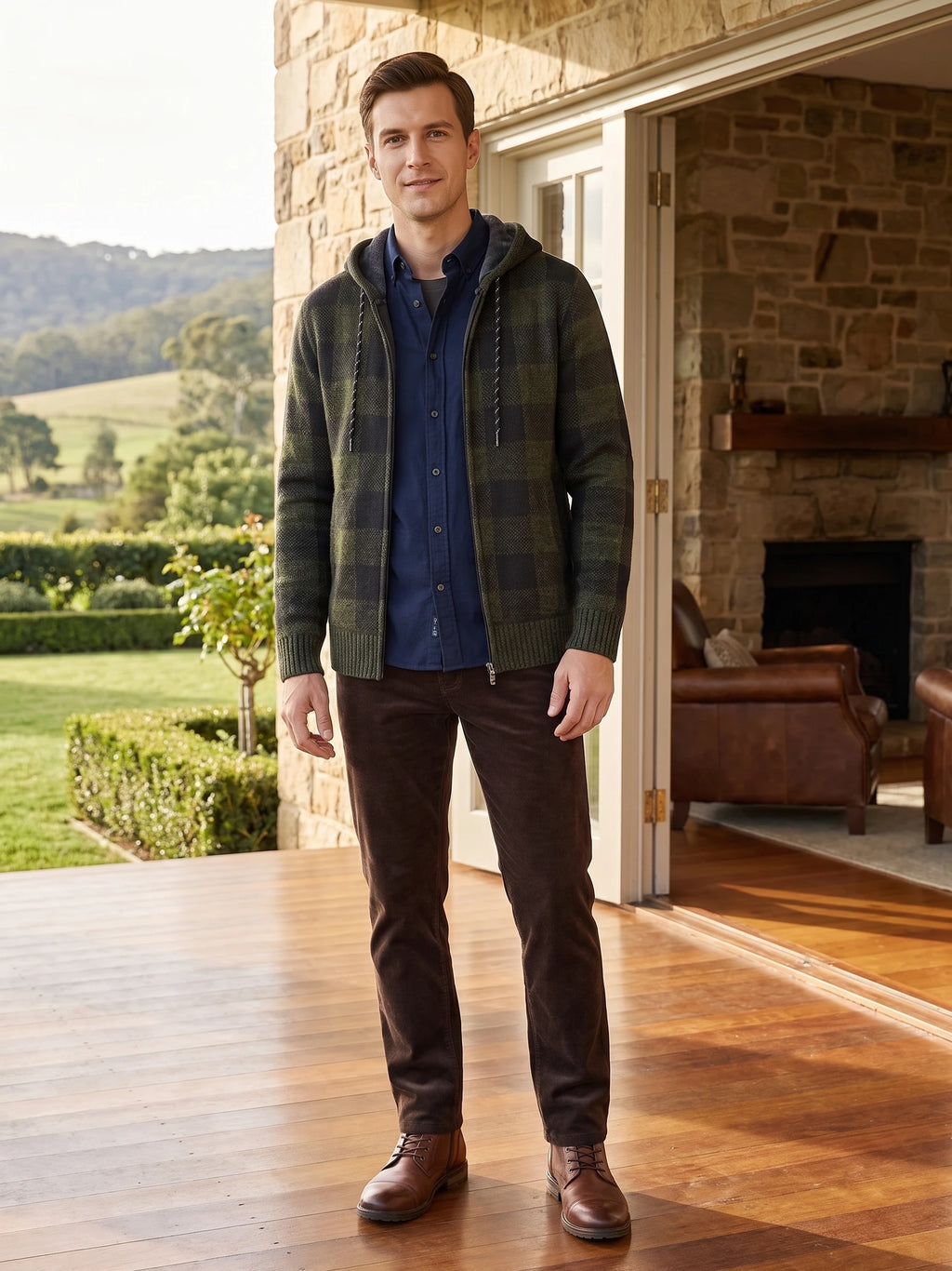 Model wearing a Green Plaid Flannel hooded jacket on a sunlit porch beside a stone cottage.