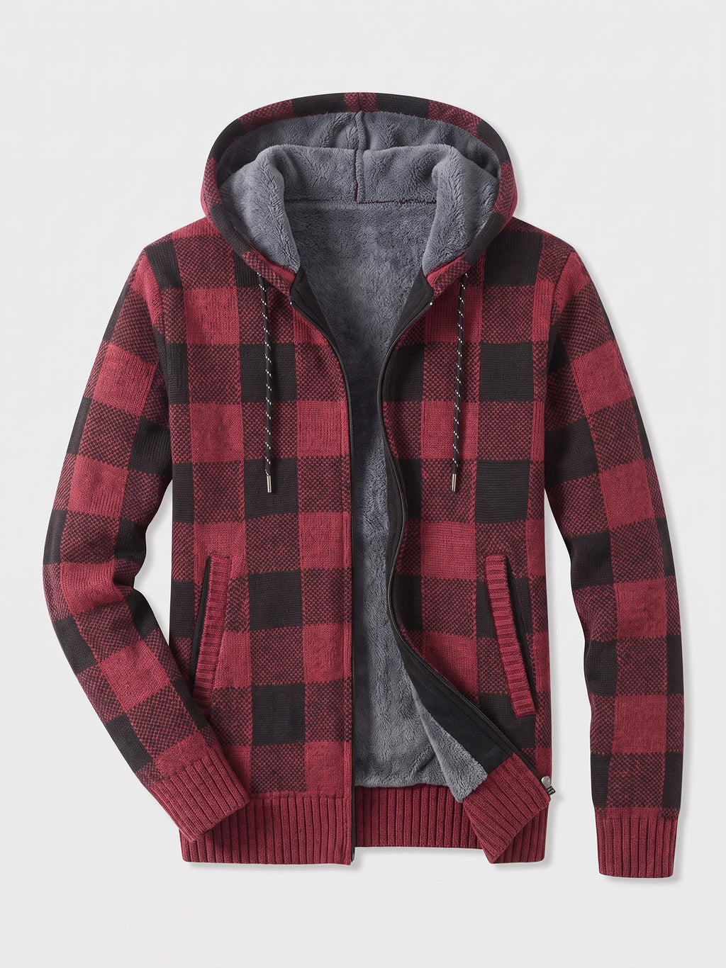 Wine Plaid Flannel men's hooded jacket laid flat with a front zipper, fleece lining, drawstrings, and ribbed cuffs.