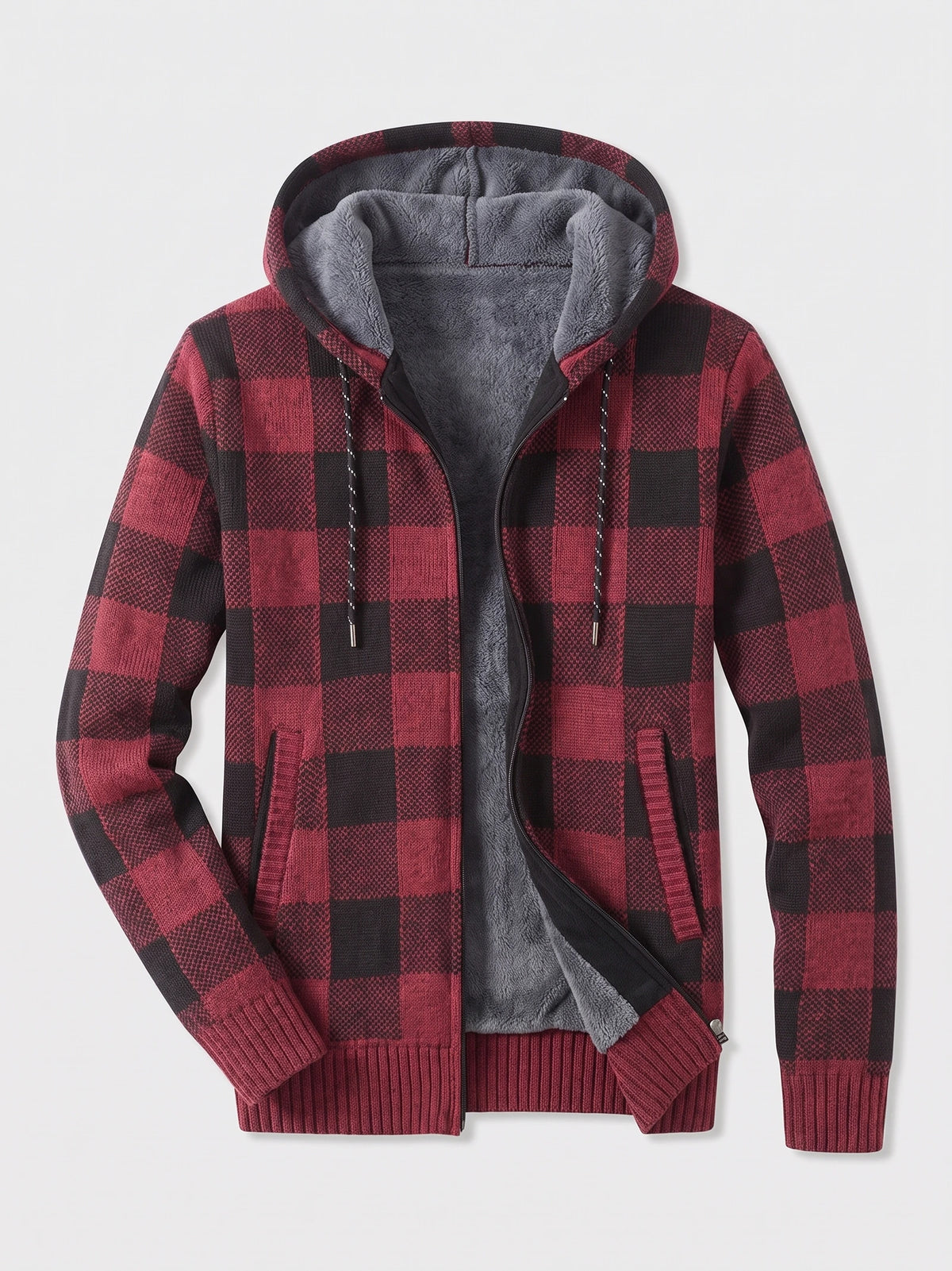 Wine Plaid Flannel men's hooded jacket laid flat with a front zipper, fleece lining, drawstrings, and ribbed cuffs.