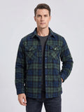 Front studio view of a model wearing a Green plaid Flannel Jacket with snap-button chest pockets.