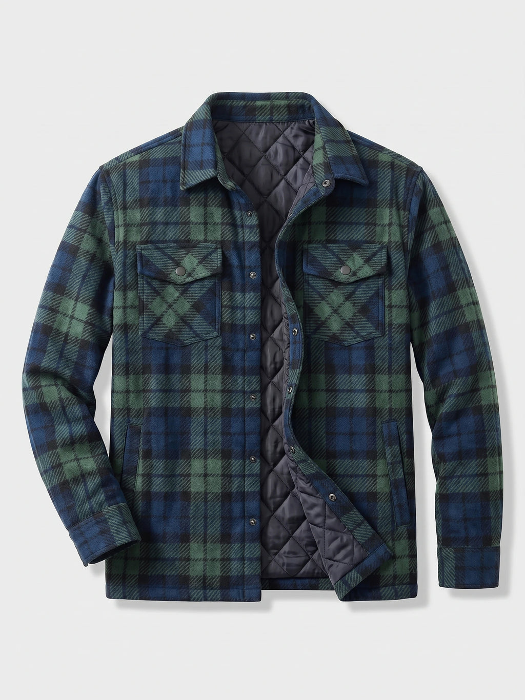 Green plaid flannel jacket laid flat with snap chest pockets, long sleeves, and exposed quilted lining.