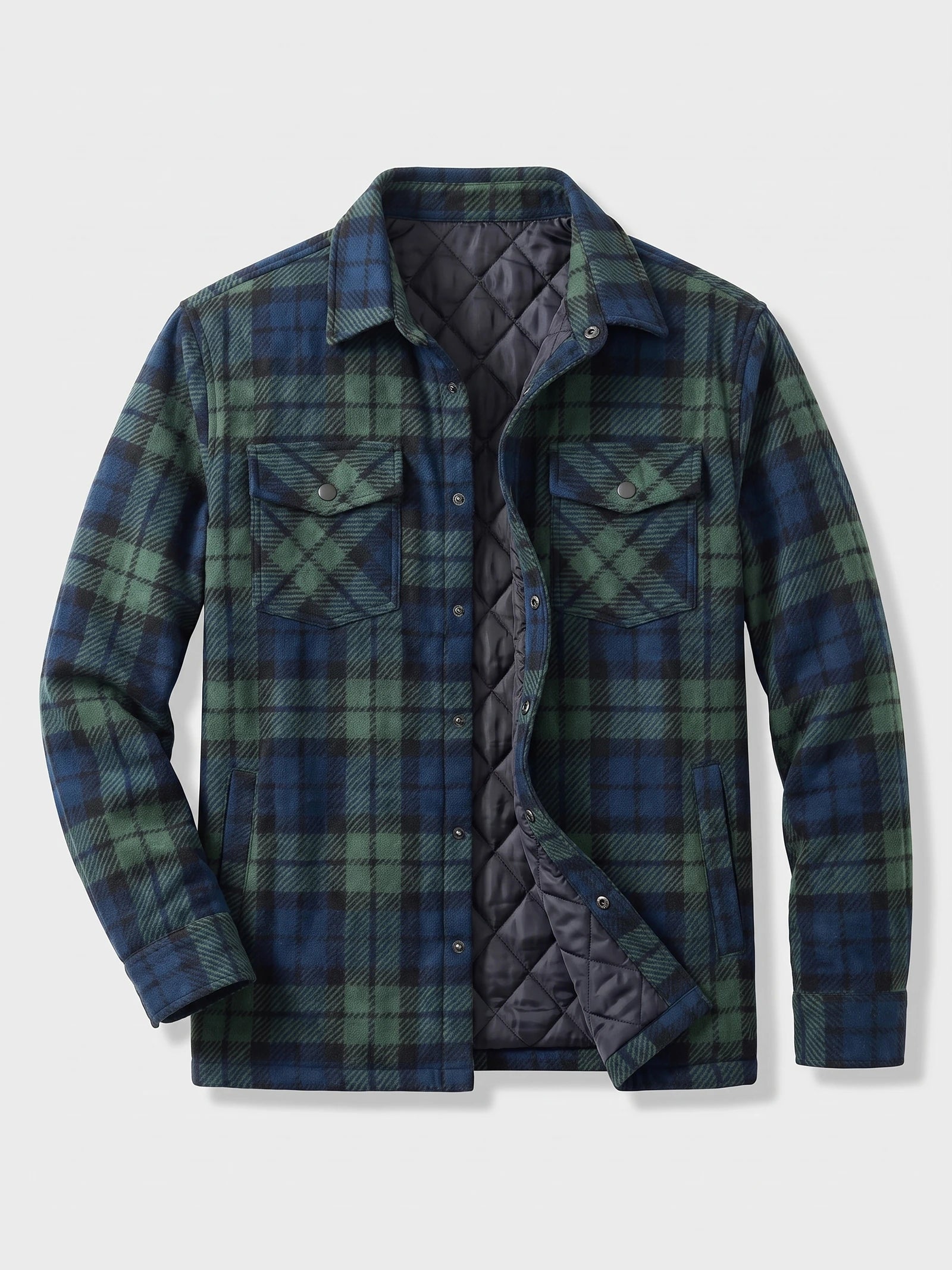 Green plaid flannel jacket laid flat with snap chest pockets, long sleeves, and exposed quilted lining.