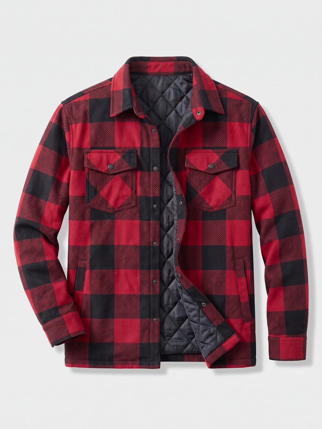Red plaid flannel jacket laid flat with snap-button chest pockets and visible quilted lining.