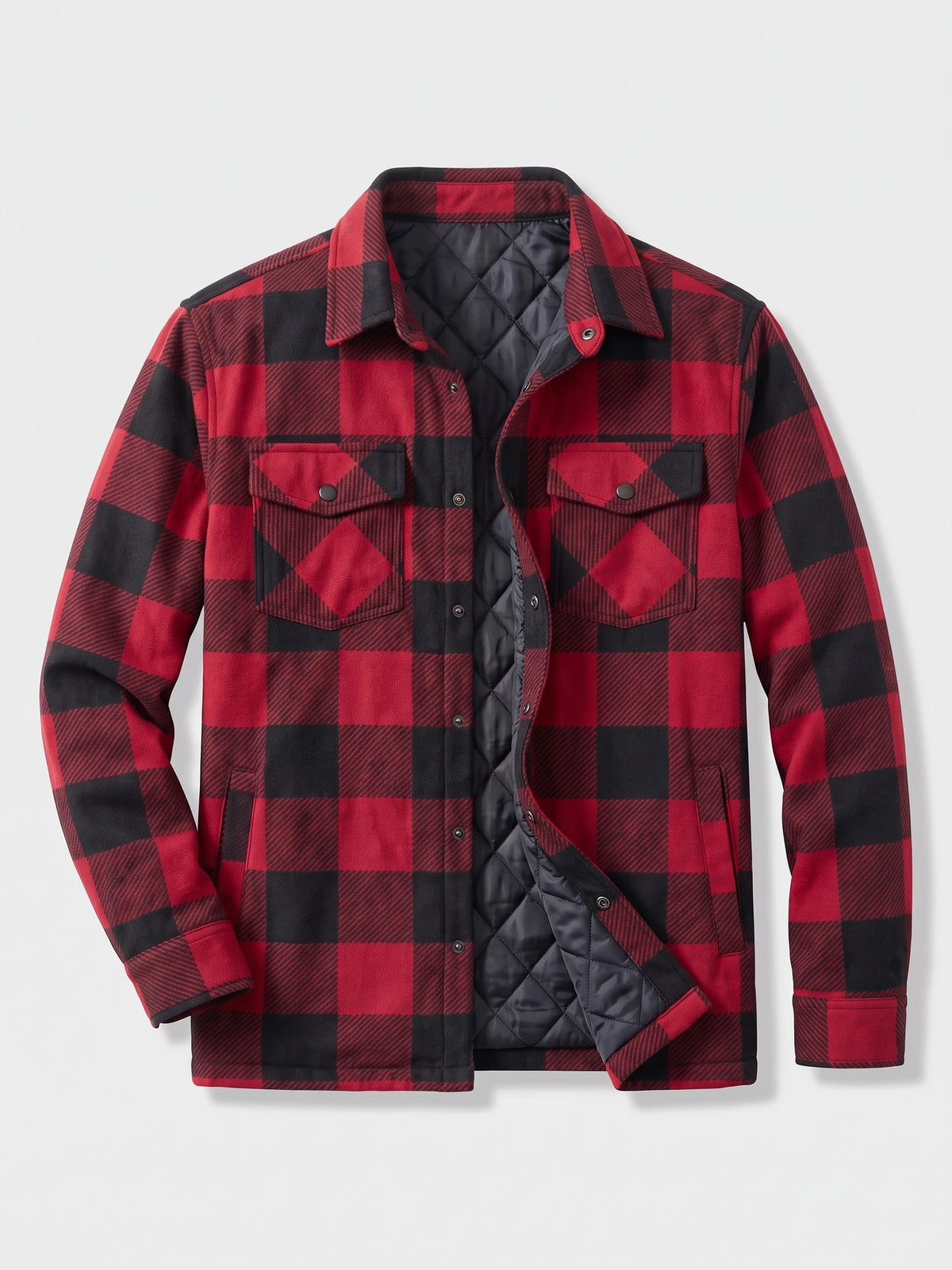 Red plaid flannel jacket laid flat with snap-button chest pockets and visible quilted lining.