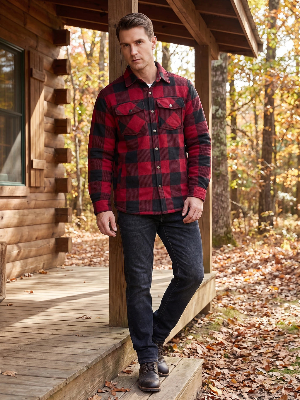 Man wearing a Red plaid flannel jacket with buttoned chest pockets while standing on a cabin porch among autumn leaves.
