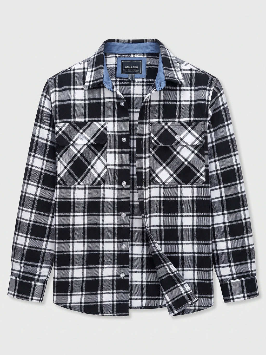 Black Plaid Flannel Shirt laid flat, featuring a button-down front, pointed collar, and two button-flap chest pockets.