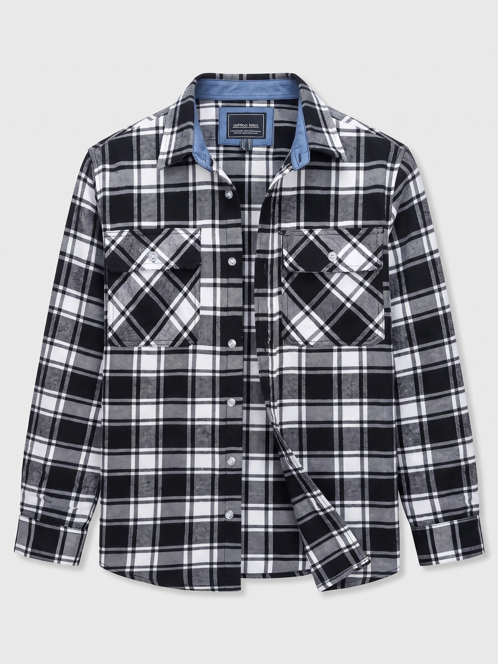 Black Plaid Flannel Shirt laid flat, featuring a button-down front, pointed collar, and two button-flap chest pockets.