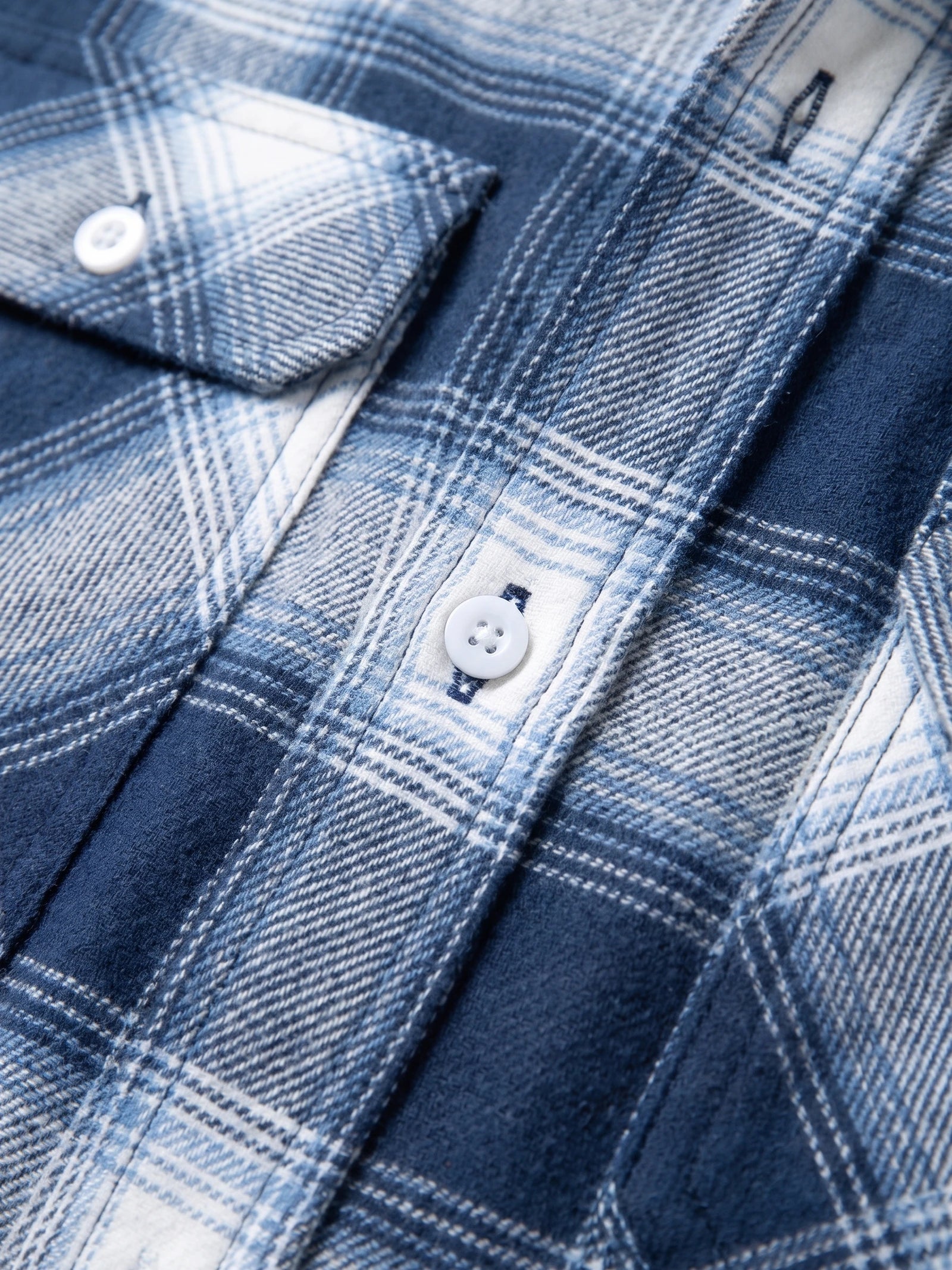 Close-up of the Blue Plaid Flannel Shirt showing its button placket, stitching, and woven fabric texture.