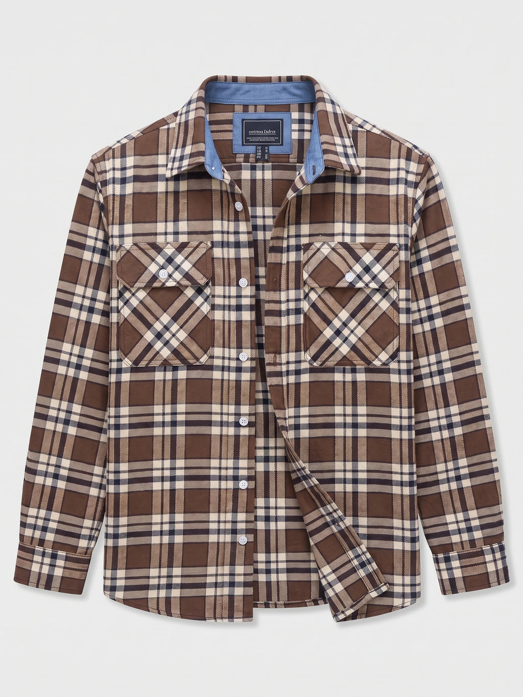 Brown plaid flannel shirt laid flat, featuring a button-down front, pointed collar, and two button-flap chest pockets.