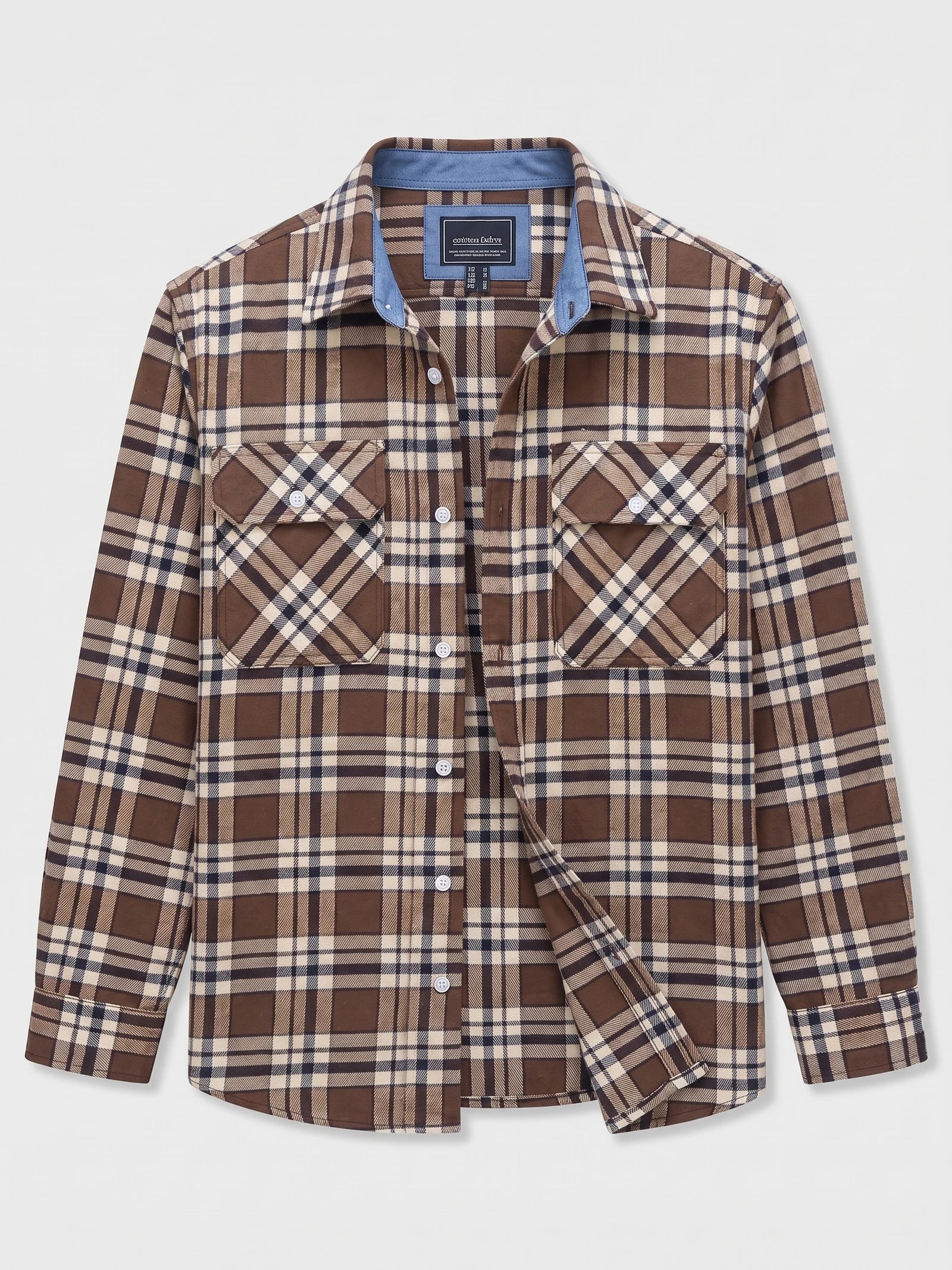 Brown plaid flannel shirt laid flat, featuring a button-down front, pointed collar, and two button-flap chest pockets.