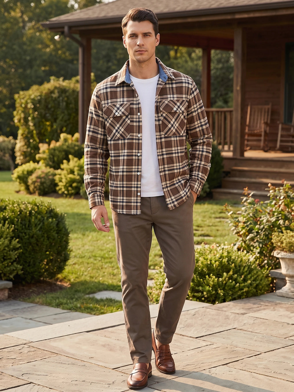 Model wearing a Brown plaid flannel shirt jacket with buttoned chest pockets while walking outside a home.