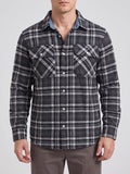 Front studio view of a model wearing a Dark Gray Plaid Flannel Shirt with long sleeves, button front, and two chest pockets.
