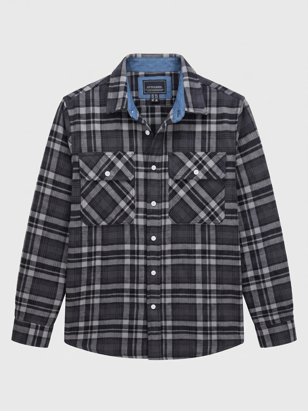 Dark Gray plaid flannel shirt jacket laid flat, featuring a button front, long sleeves, pointed collar, and two flap chest pockets.