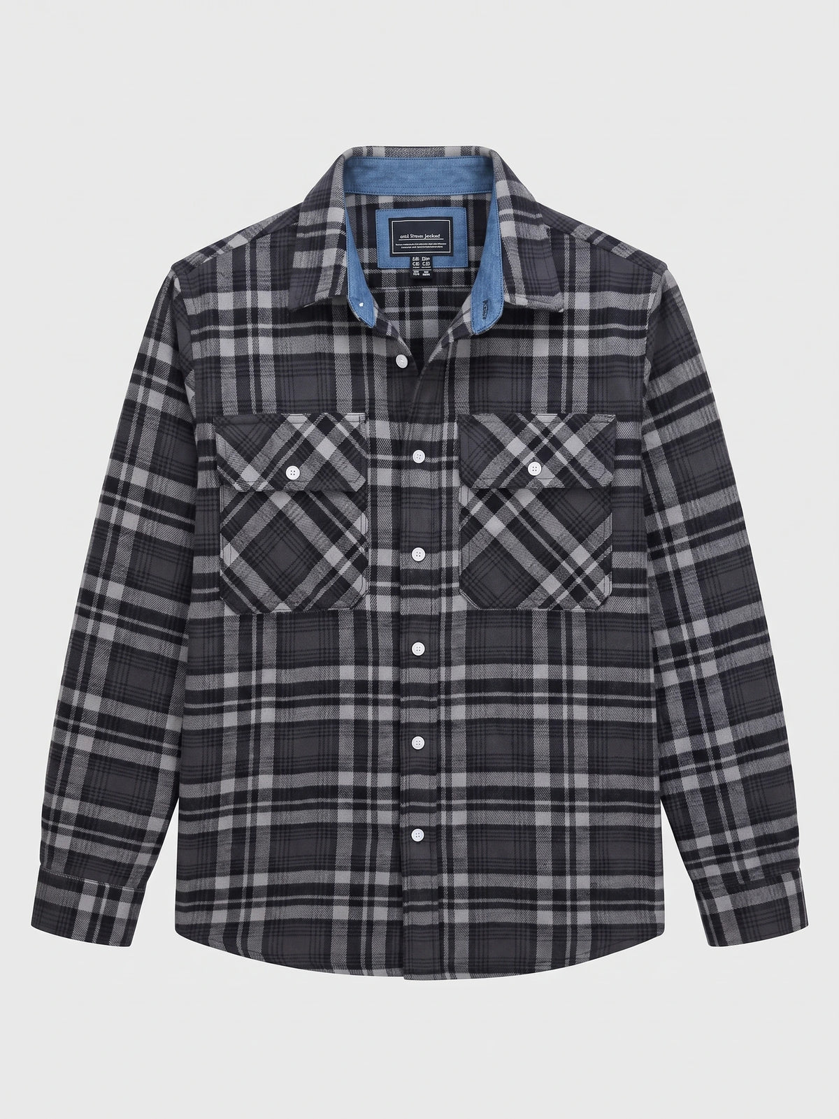 Dark Gray plaid flannel shirt jacket laid flat, featuring a button front, long sleeves, pointed collar, and two flap chest pockets.