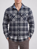 Front studio view of a model wearing a Navy plaid flannel shirt with long sleeves, button front, and two flap chest pockets.