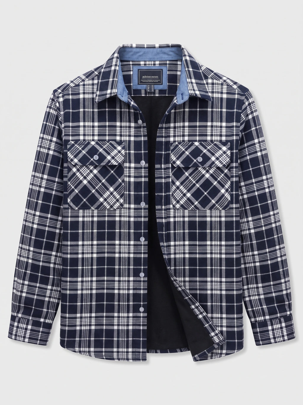Navy plaid flannel shirt laid flat with a button front, pointed collar, long sleeves, and two button-flap chest pockets.