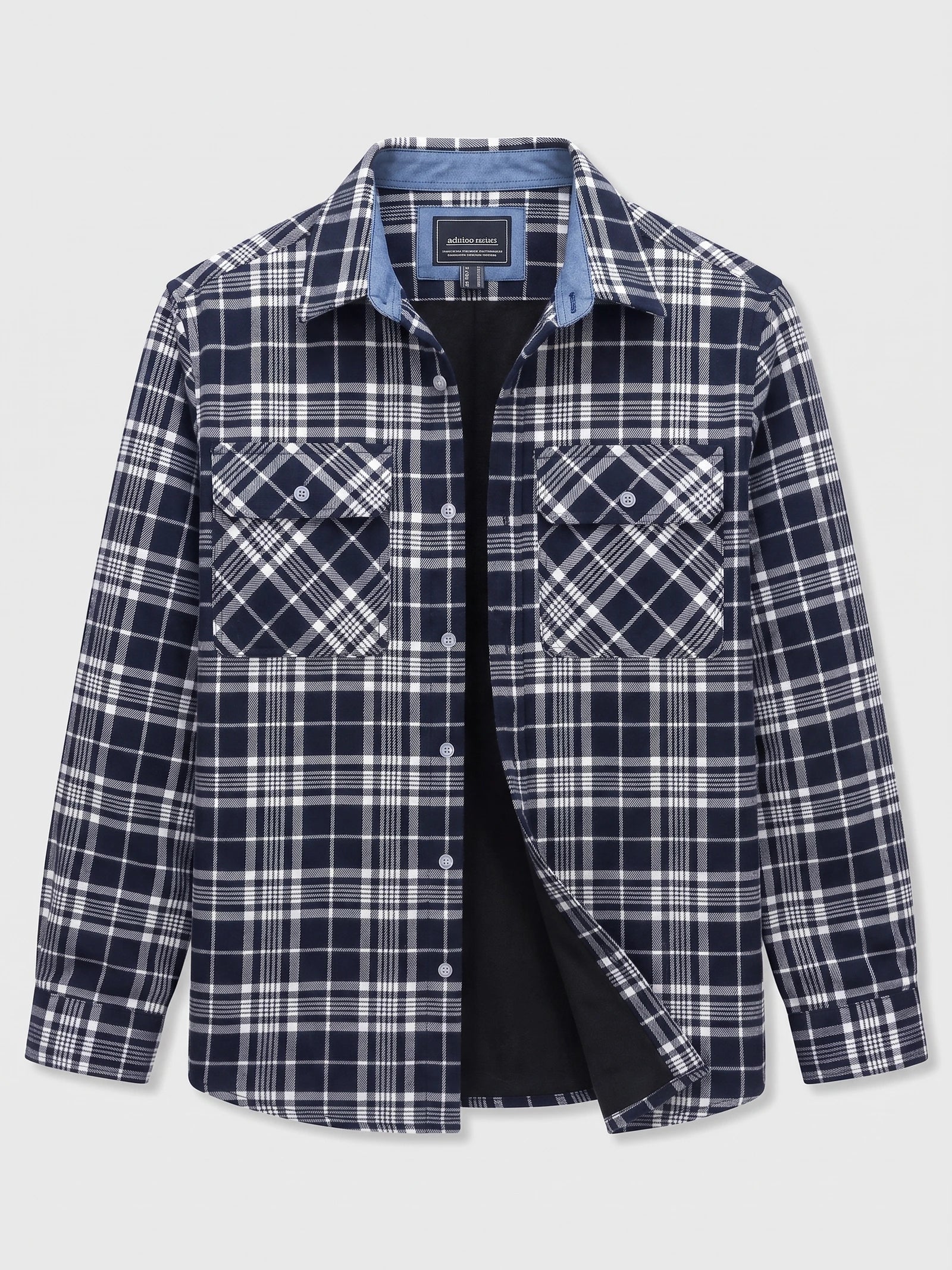 Navy plaid flannel shirt laid flat with a button front, pointed collar, long sleeves, and two button-flap chest pockets.