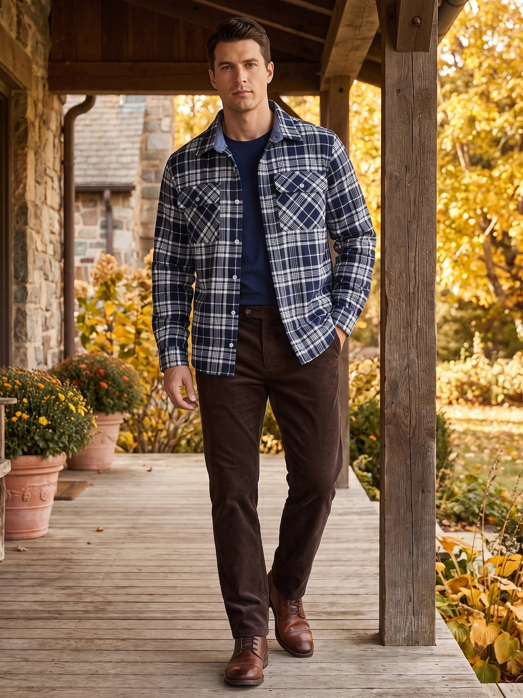 Model wearing a Navy plaid flannel shirt jacket with buttoned chest pockets while walking on a covered porch.