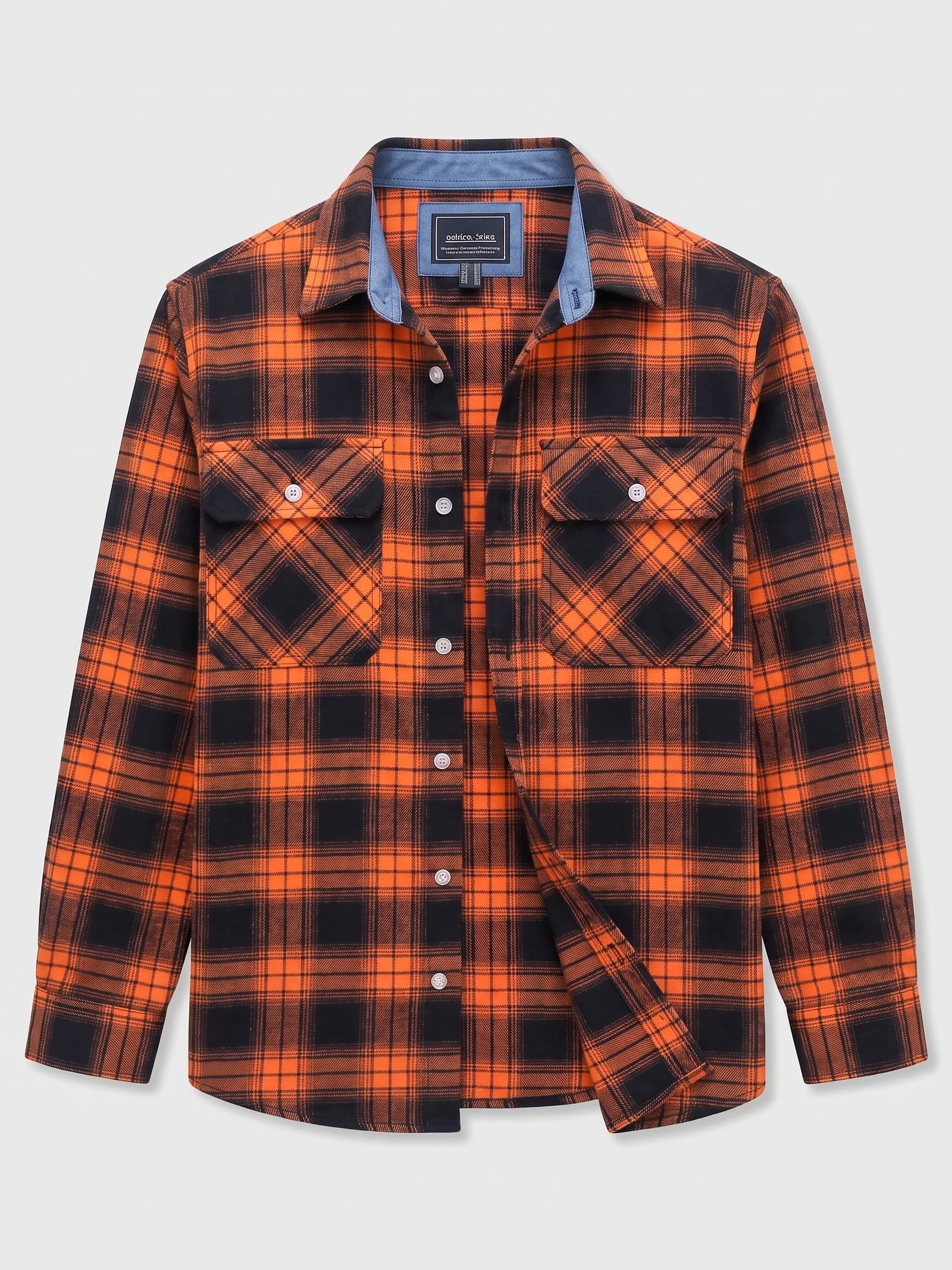Orange plaid flannel shirt laid flat, featuring a button-down front, pointed collar, and two buttoned chest pockets.