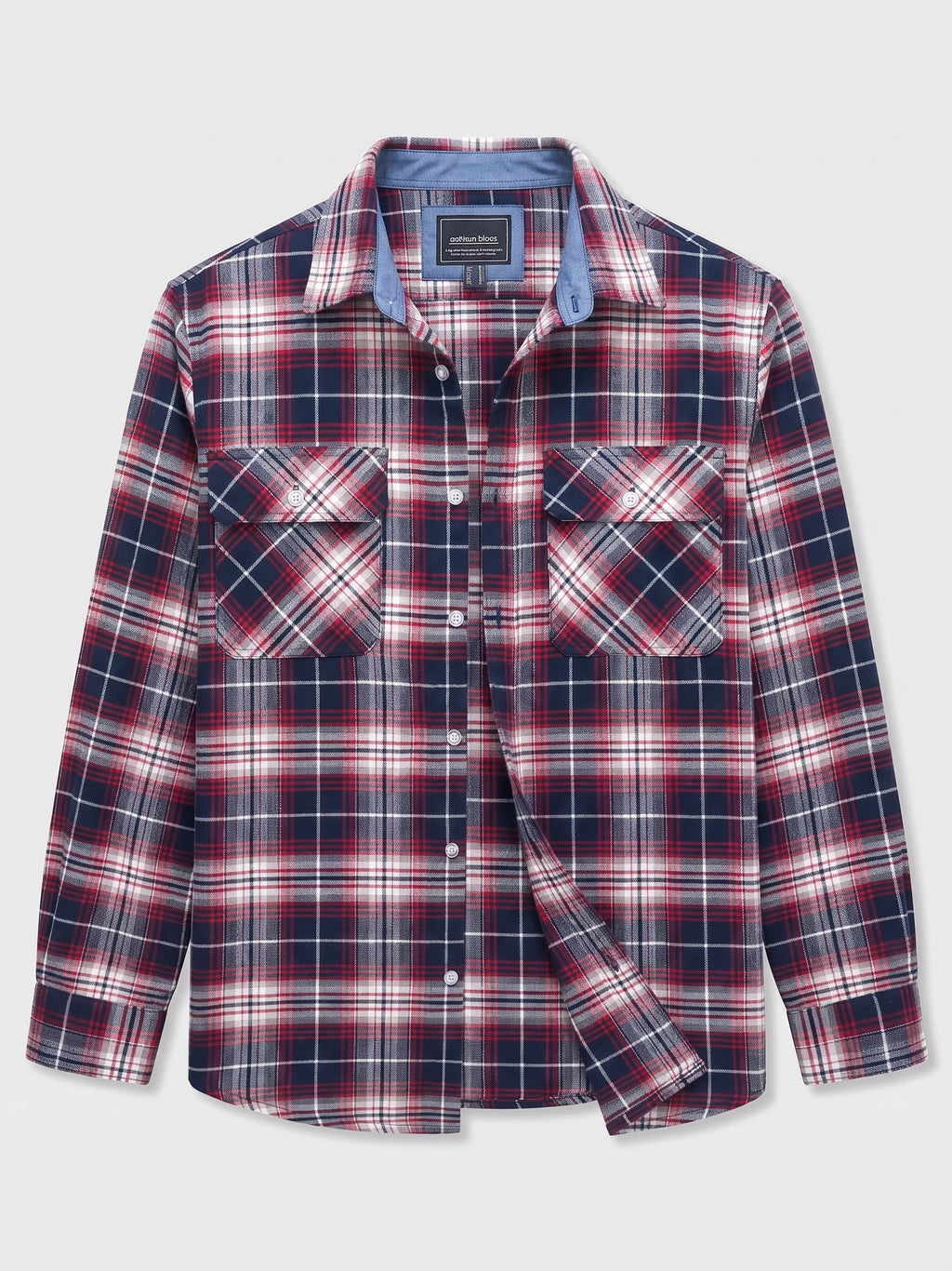Red plaid flannel shirt laid flat, featuring a button-down front, pointed collar, and two button-flap chest pockets.