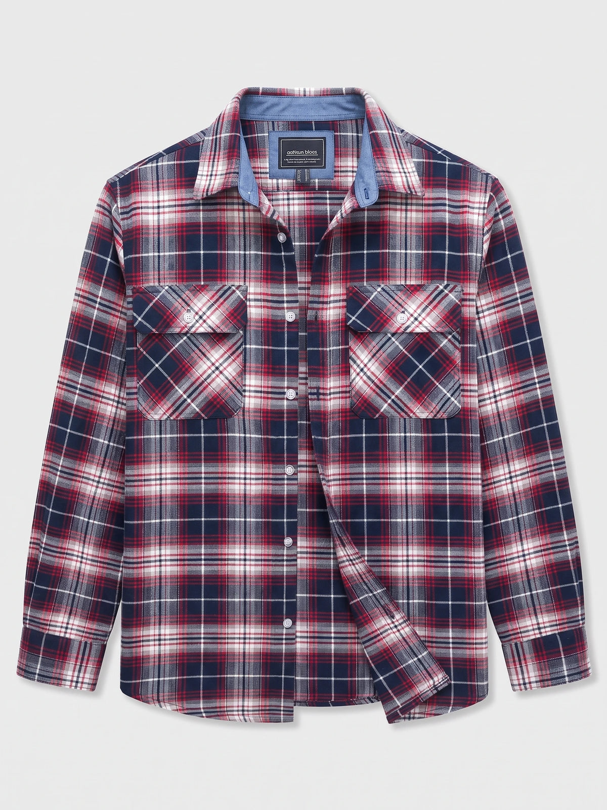 Red plaid flannel shirt laid flat, featuring a button-down front, pointed collar, and two button-flap chest pockets.