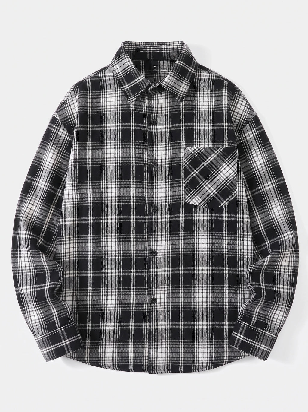 Black plaid Flannel Shirt laid flat, showing the pointed collar, button front, long sleeves, and chest pocket.