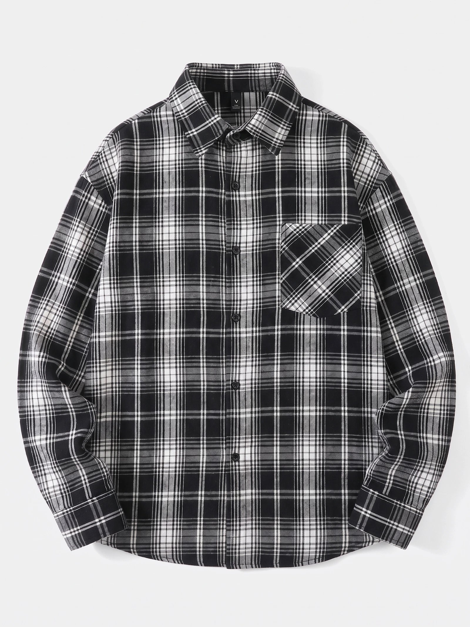 Black plaid Flannel Shirt laid flat, showing the pointed collar, button front, long sleeves, and chest pocket.